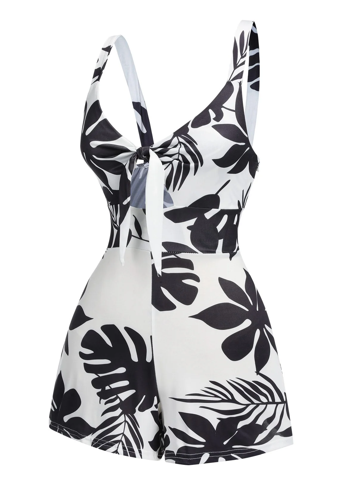 Black 1950s Plants Print Hollow Romper - Image 2