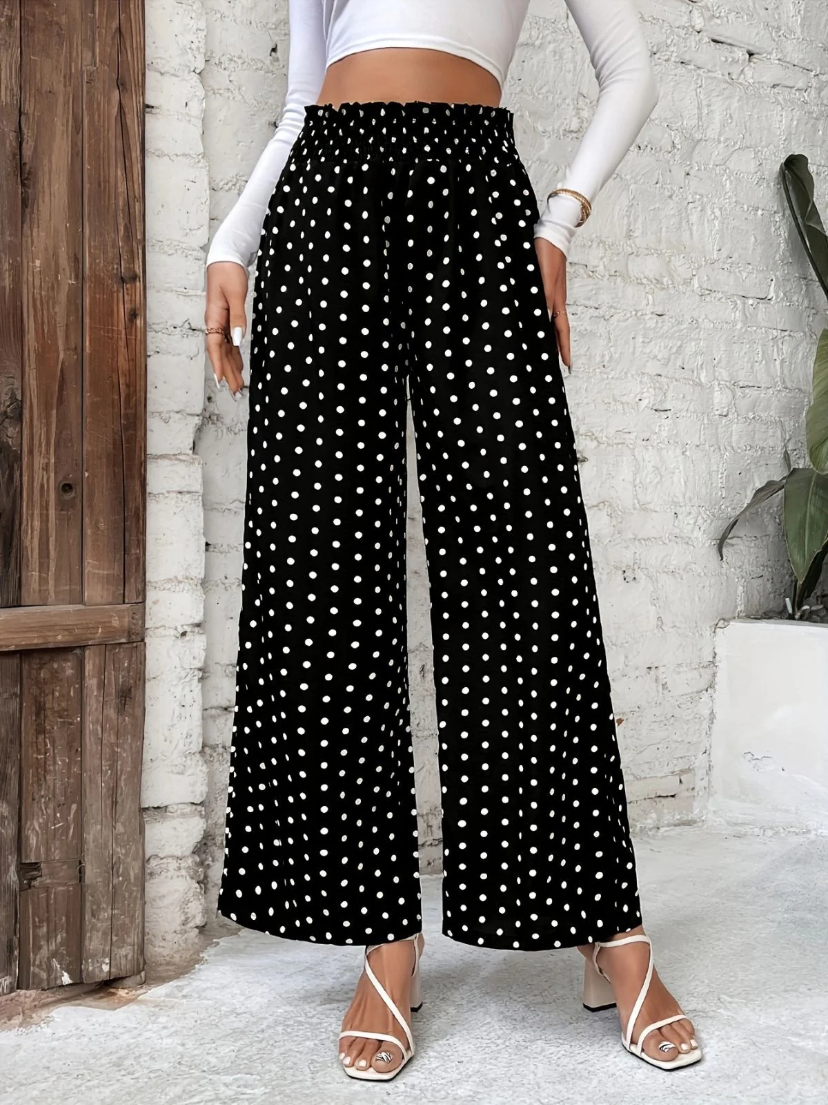Black 1950s Polka Dot Elastic Waist Pants - Image 5