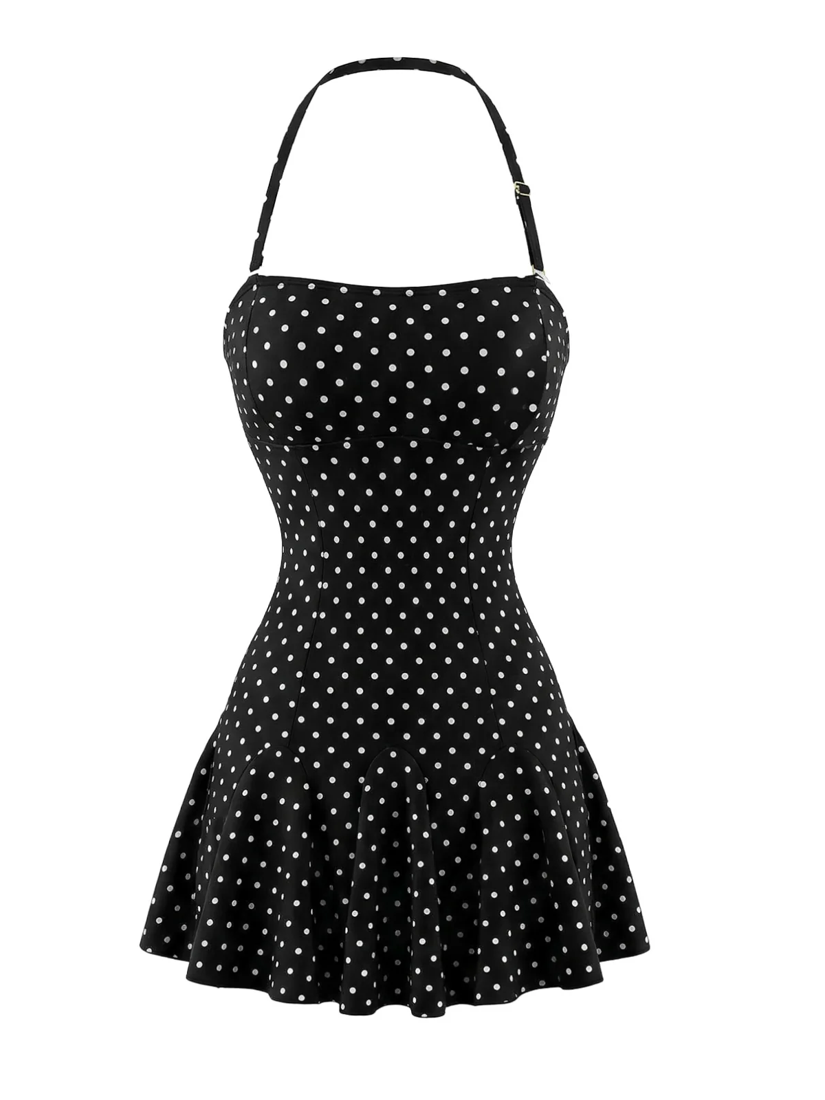 Black 1950s Polka Dot Halter Backless Swim Dress - Image 2