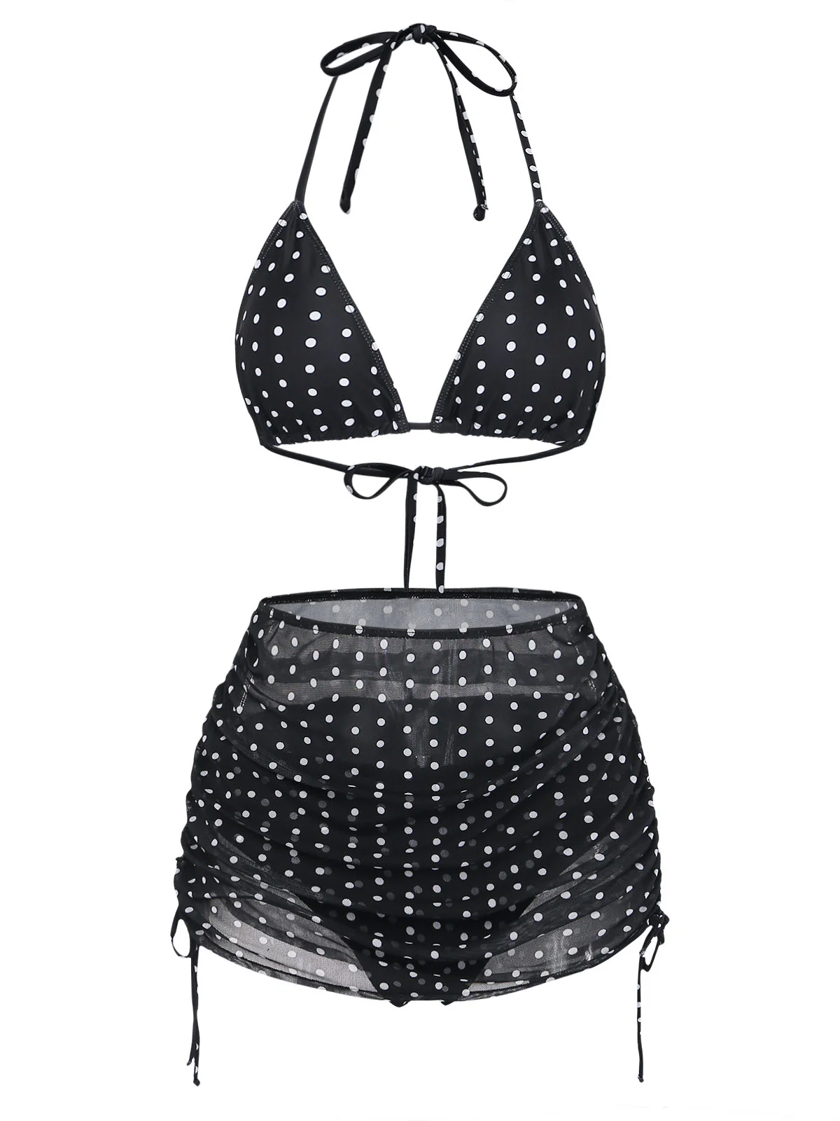 Black 1950s Polka Dot Halter Bikini Set & Cover-Up - Image 2