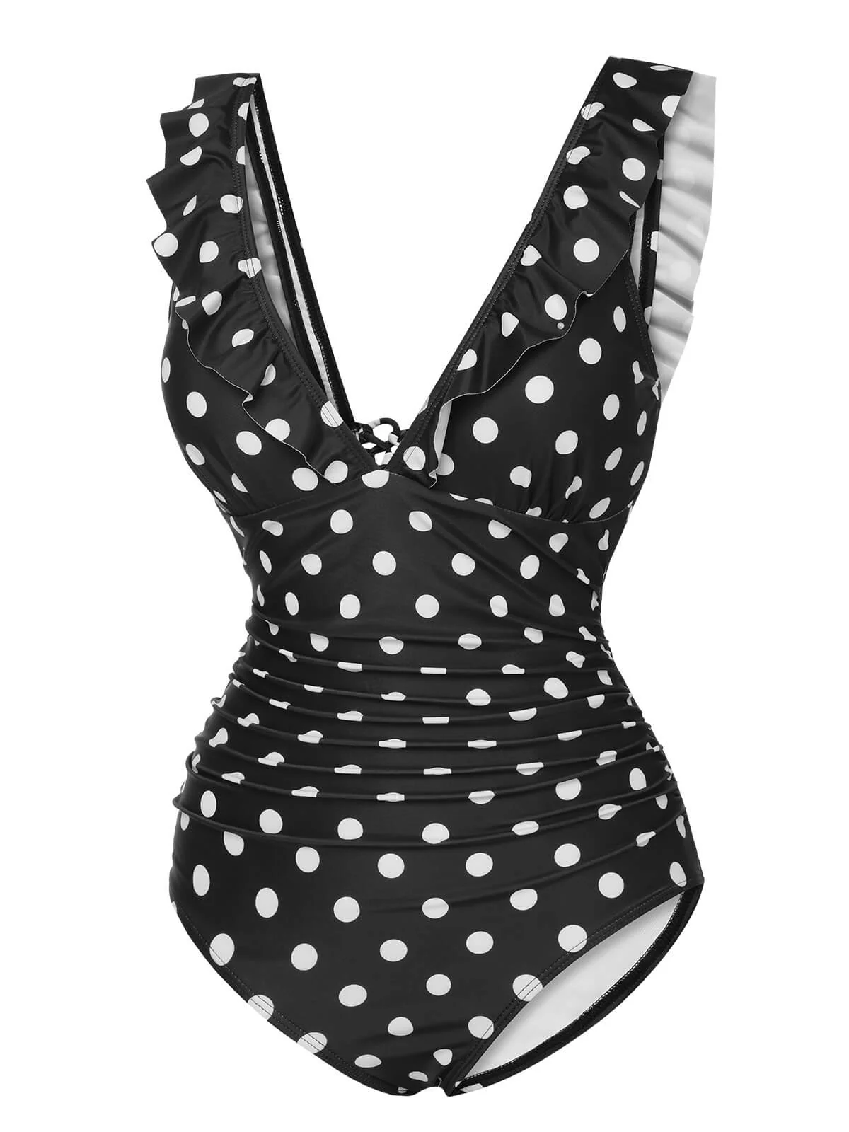 Black 1950s Polka Dot Ruffle V-Neck Swimsuit - Image 2