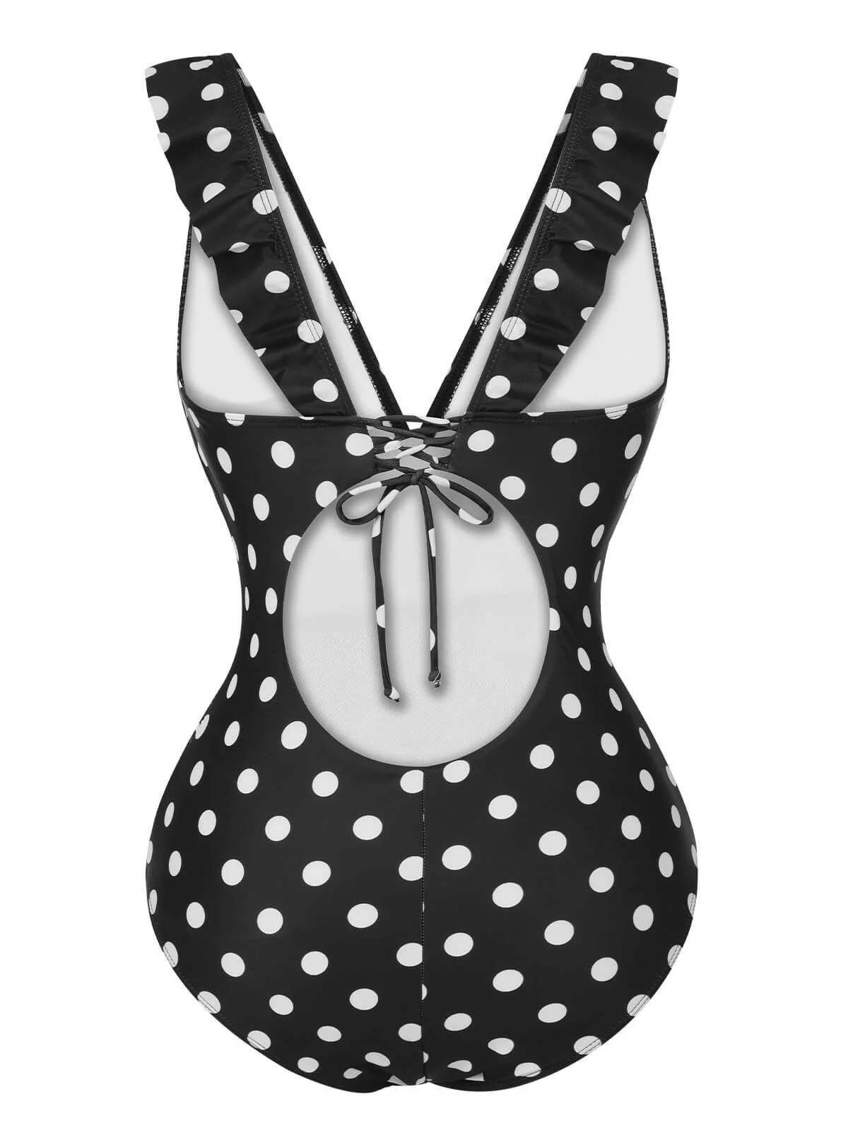 Black 1950s Polka Dot Ruffle V-Neck Swimsuit - Image 3