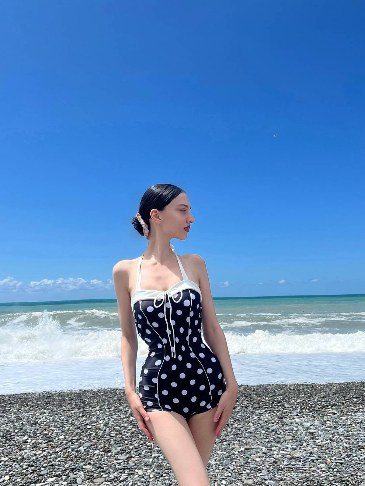 Black 1950s Polka Dots Halter Swimsuit - Image 2