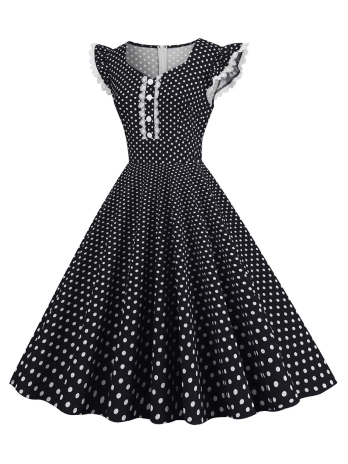 Black 1950s Polka Dots Ruffles Dress - Image 2