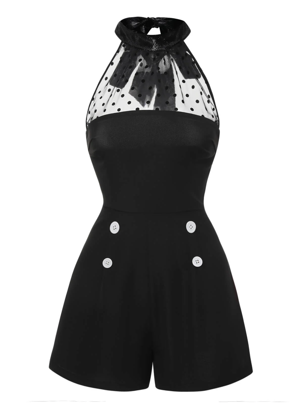 Black 1950s Polka Dots Sheer Neck Romper - Image 2