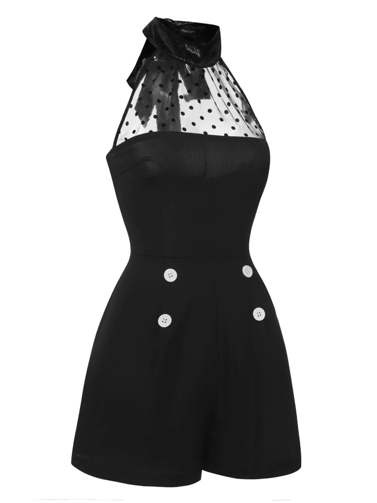 Black 1950s Polka Dots Sheer Neck Romper - Image 3