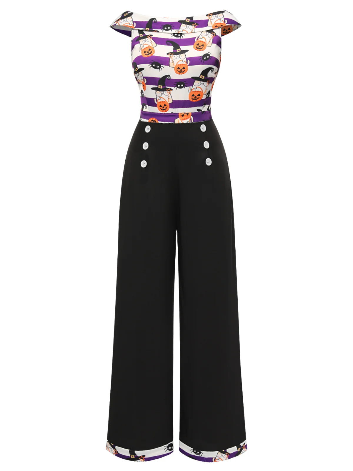 Black 1950s Pumpkin Off Shoulder Patchwork Jumpsuit - Image 2