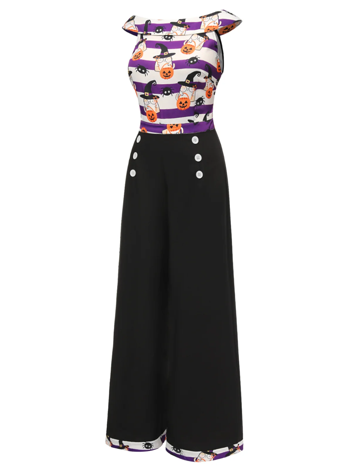 Black 1950s Pumpkin Off Shoulder Patchwork Jumpsuit - Image 3