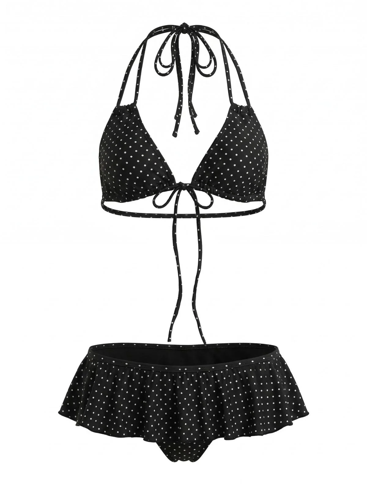 Black 1950s Ruffle Lace-Up Polka Dot Bikini Set - Image 2