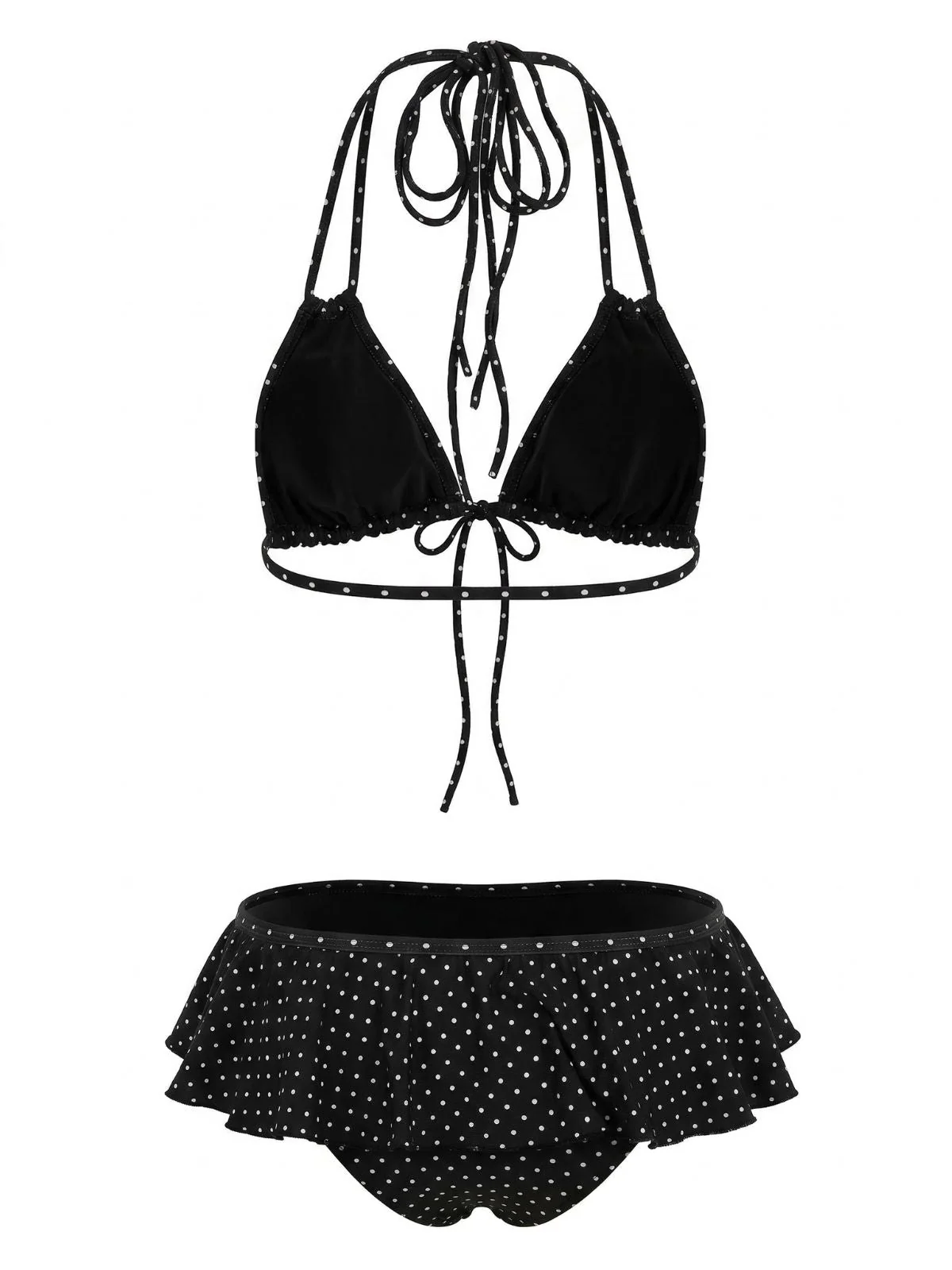 Black 1950s Ruffle Lace-Up Polka Dot Bikini Set - Image 3