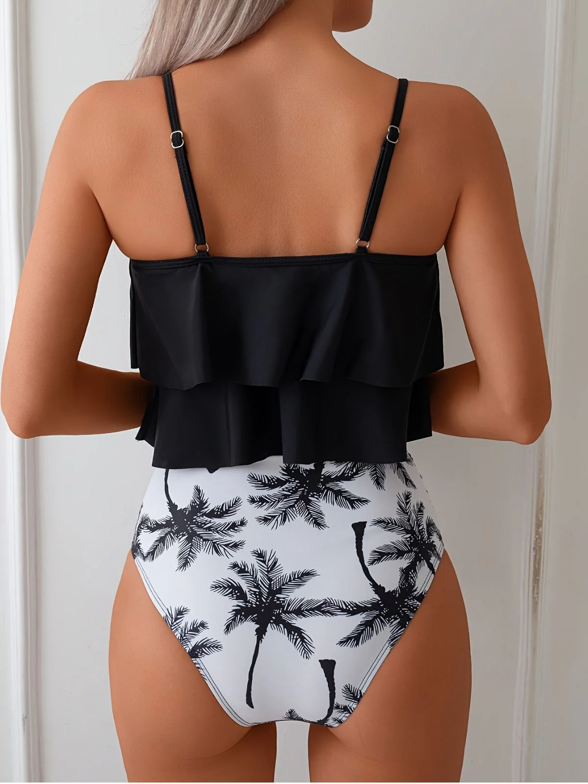 Black 1950s Ruffled Coconut Tree Tankini Set - Image 3