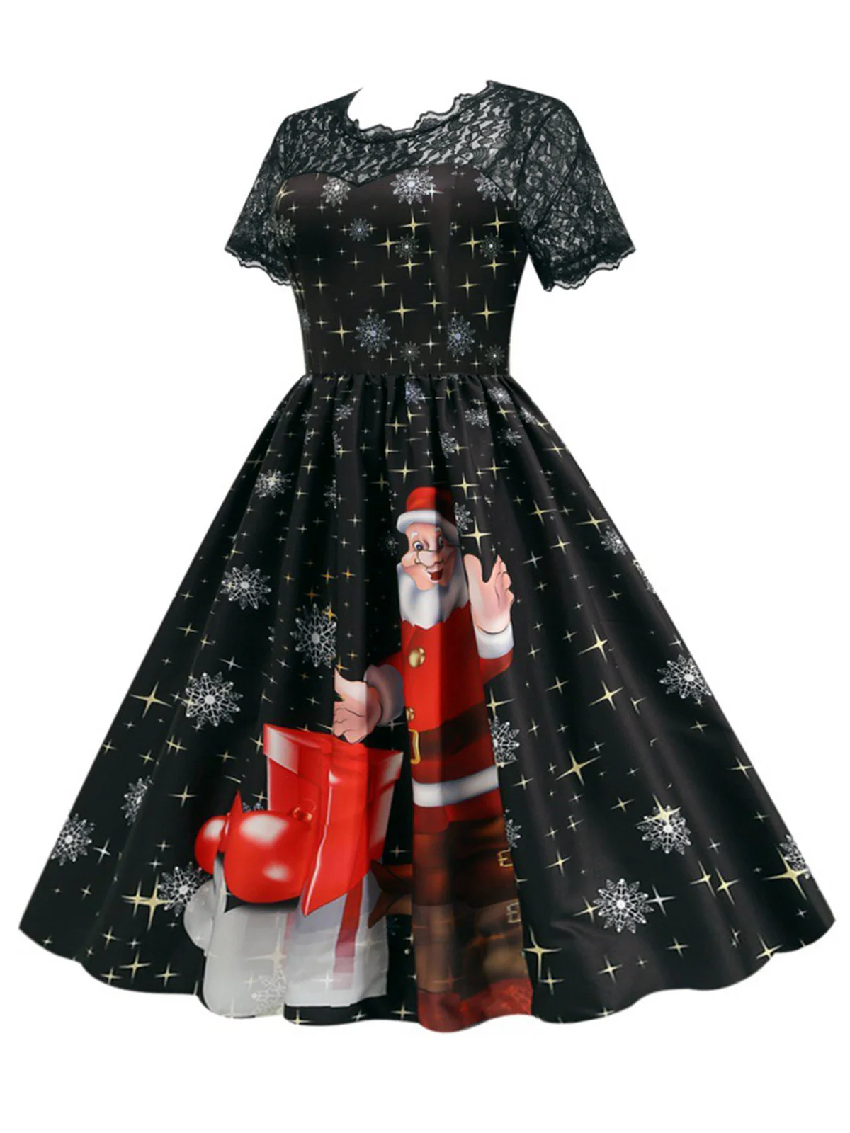 Black 1950s Santa Claus Lace Patchwork Dress - Image 2
