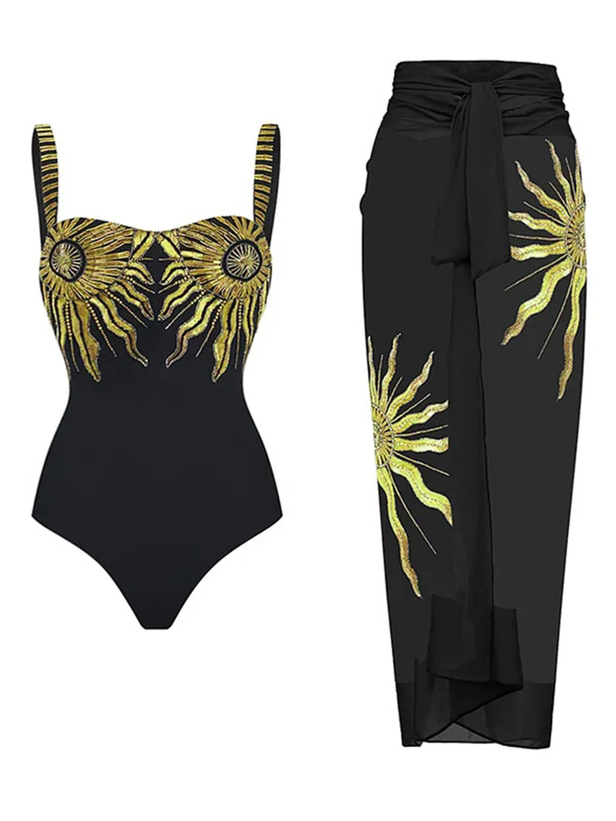 Black 1950s Sequined Sunflower Backless Swimsuit & Cover-Up - Image 2