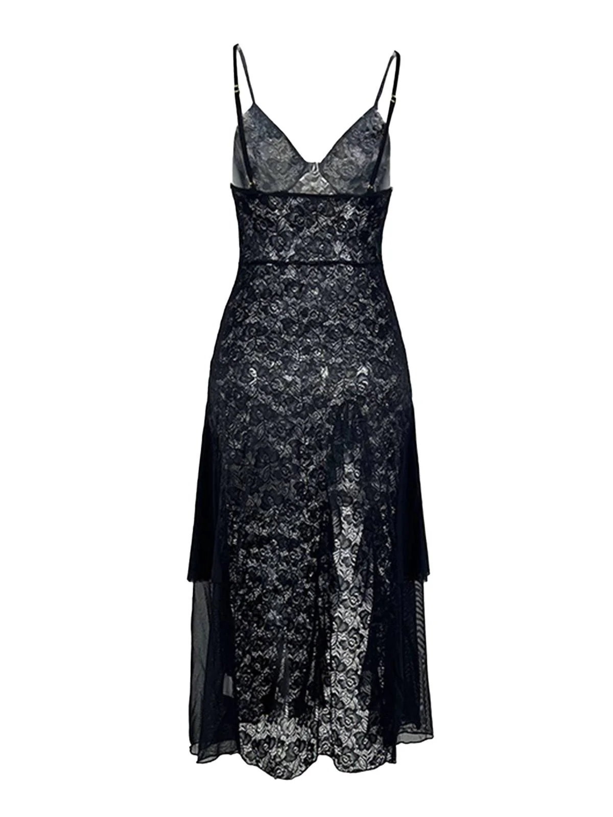 Black 1950s Sheer Floral Lace Deep-V Slit Nightgown - Image 2