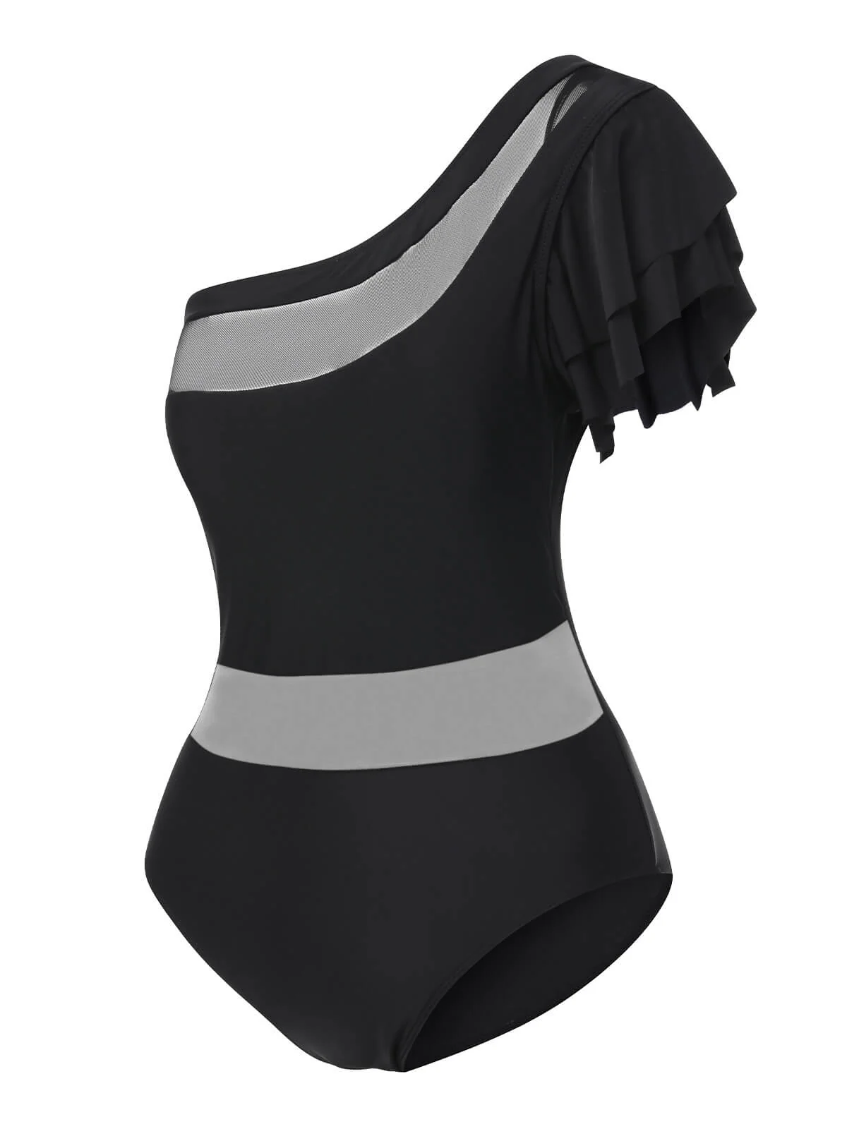 Black 1950s Sheer Patchwork One-Shoulder Swimsuit - Image 2