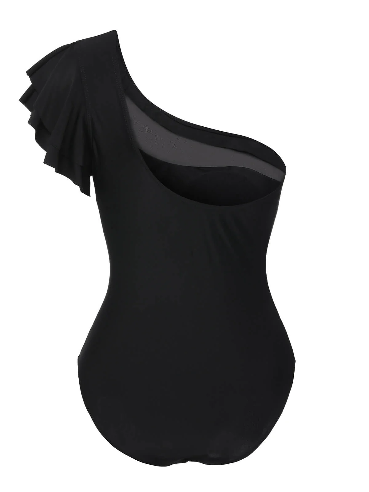 Black 1950s Sheer Patchwork One-Shoulder Swimsuit - Image 3