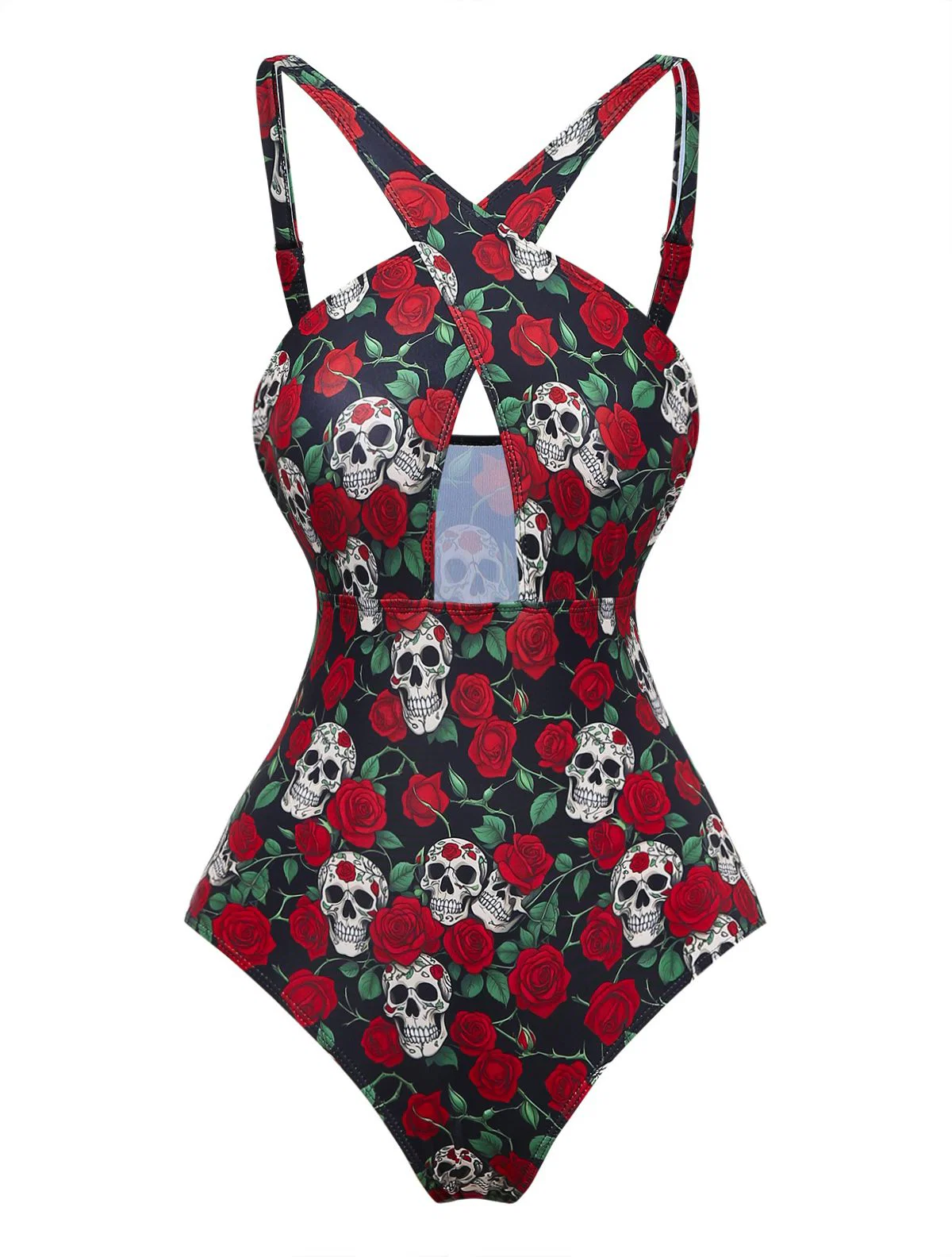 Black 1950s Skeleton Rose Halter Swimsuit - Image 2