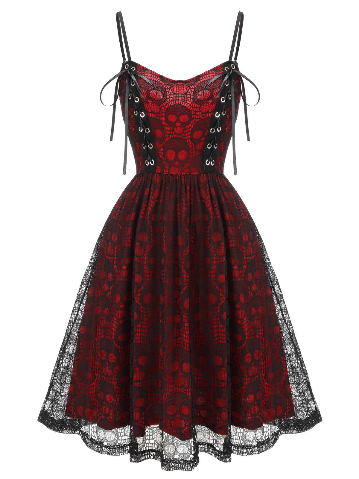 Black 1980s Skull Pattern Gothic Style Dress - Image 2