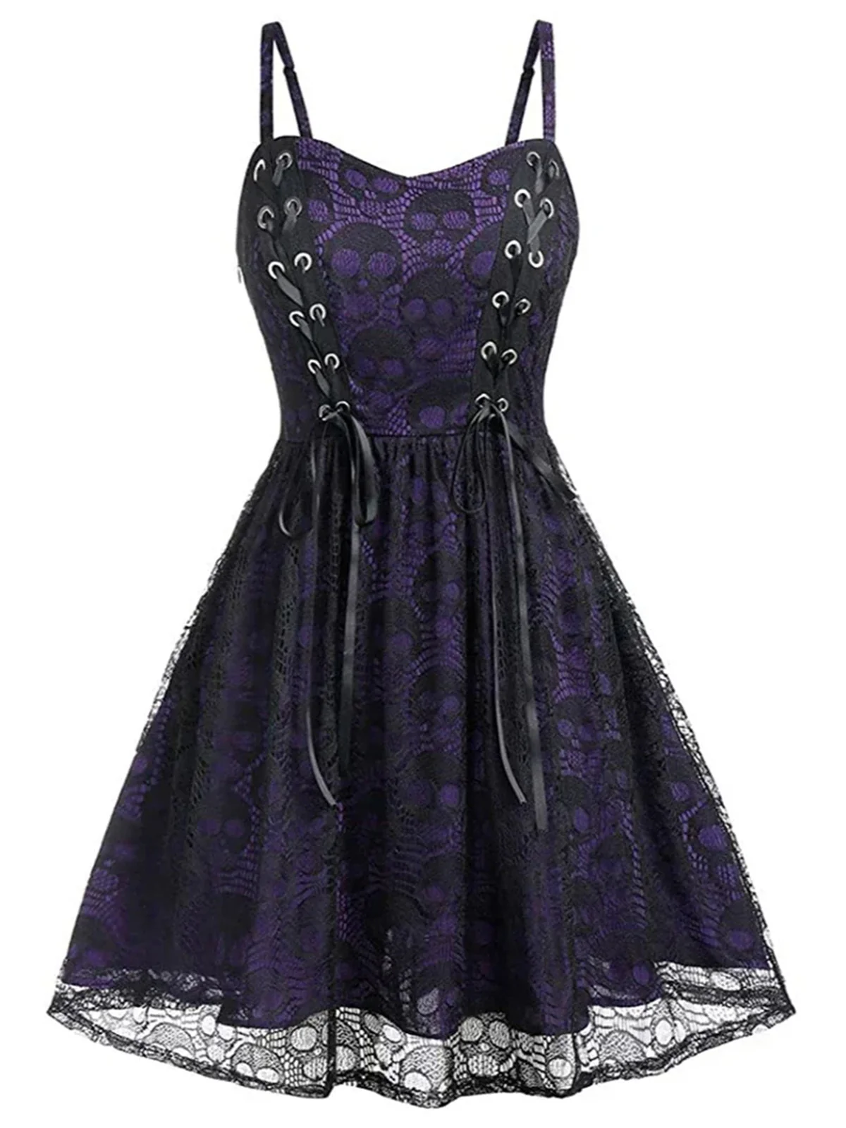 Black 1980s Skull Pattern Gothic Style Dress - Image 4