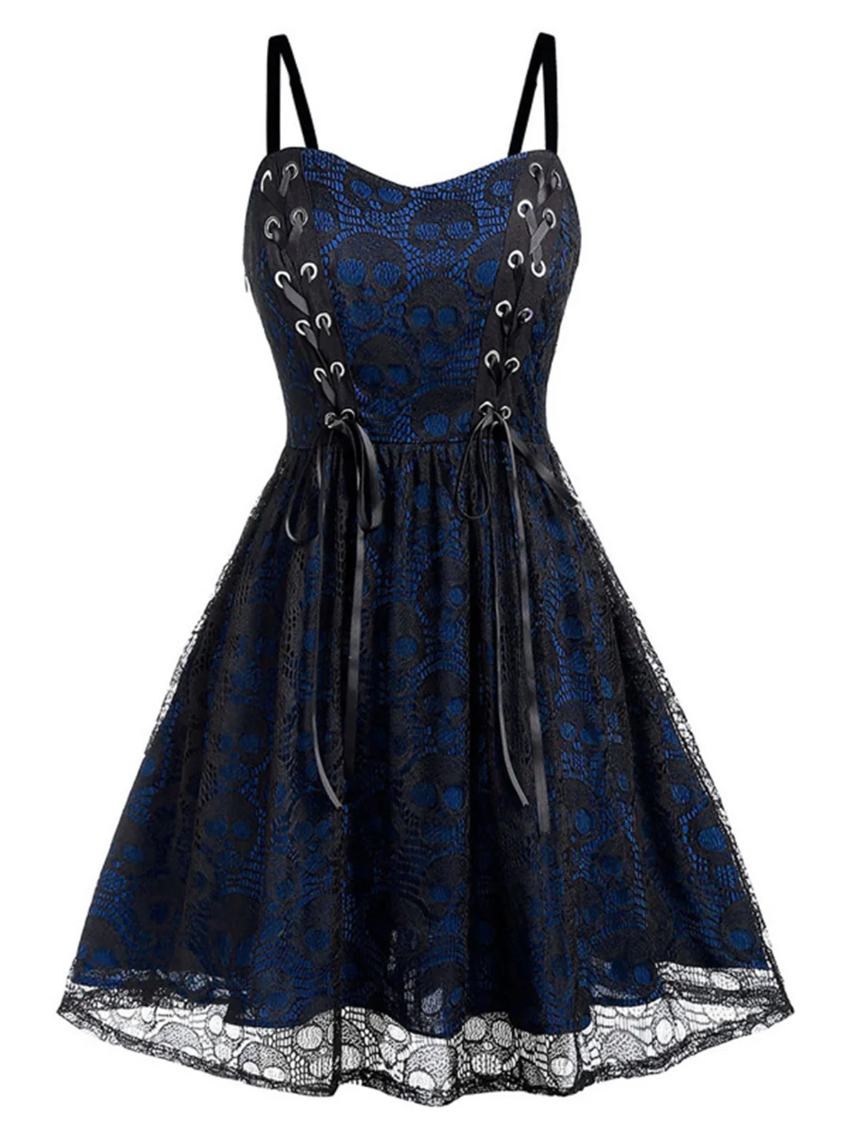 Black 1980s Skull Pattern Gothic Style Dress - Image 5
