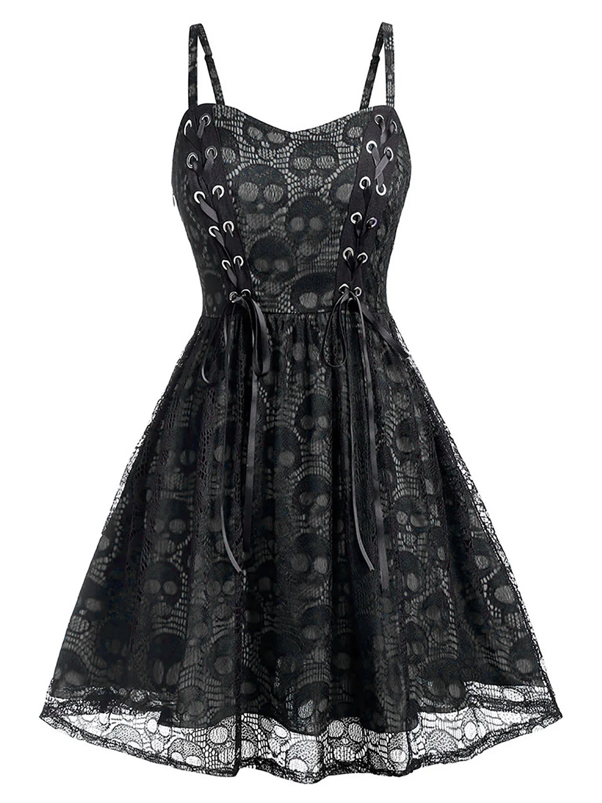 Black 1980s Skull Pattern Gothic Style Dress - Image 6