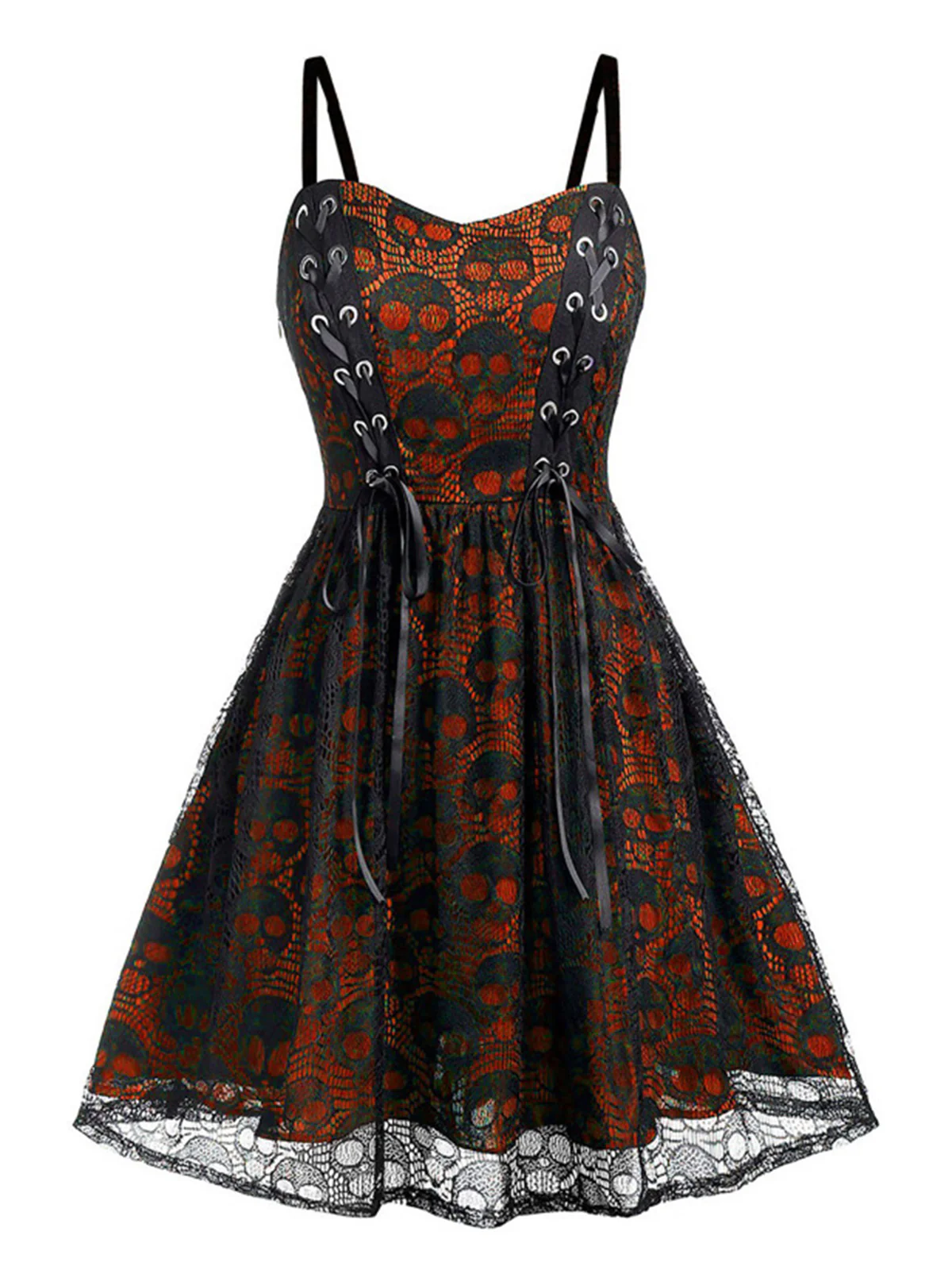 Black 1980s Skull Pattern Gothic Style Dress - Image 7