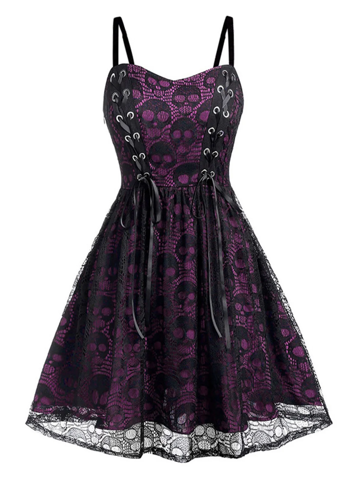 Black 1980s Skull Pattern Gothic Style Dress - Image 8