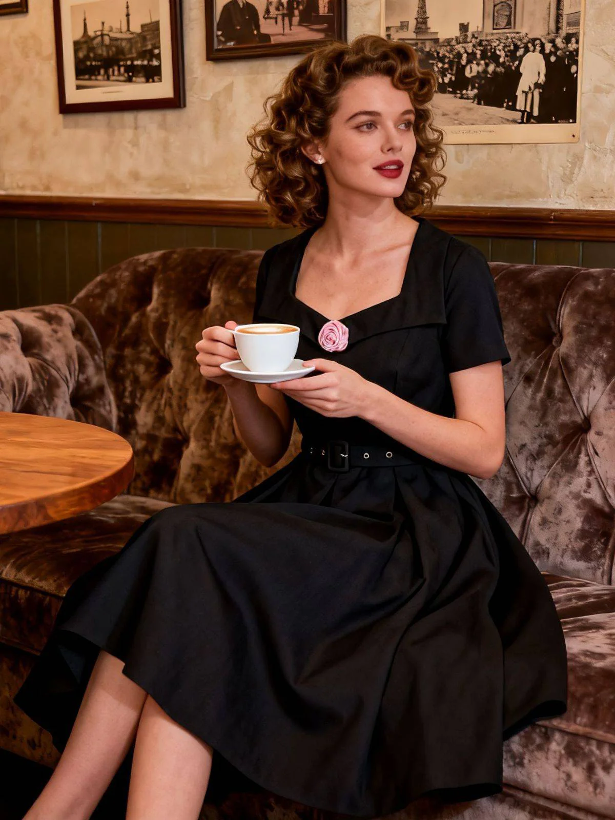Black 1950s Solid 3D Rose Lapel Swing Dress - Image 2