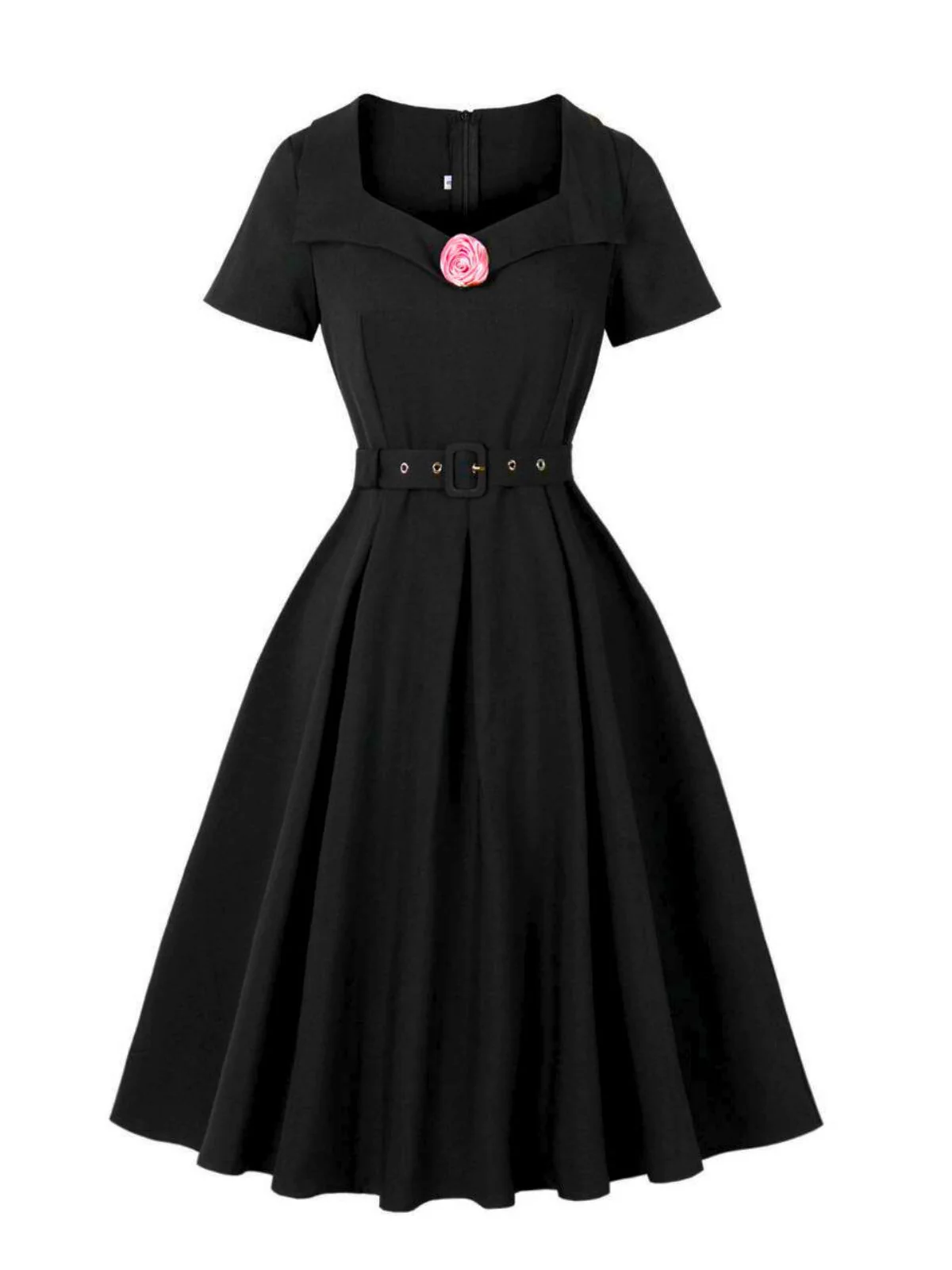 Black 1950s Solid 3D Rose Lapel Swing Dress - Image 3