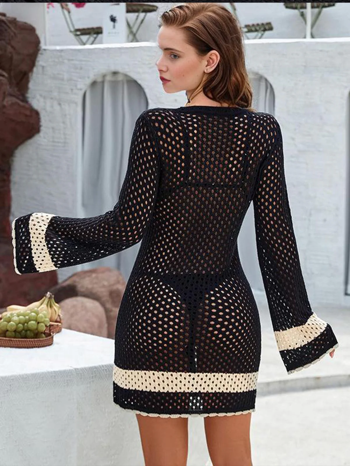 Black 1950s Solid Boho Style Hollow Cover Up - Image 9