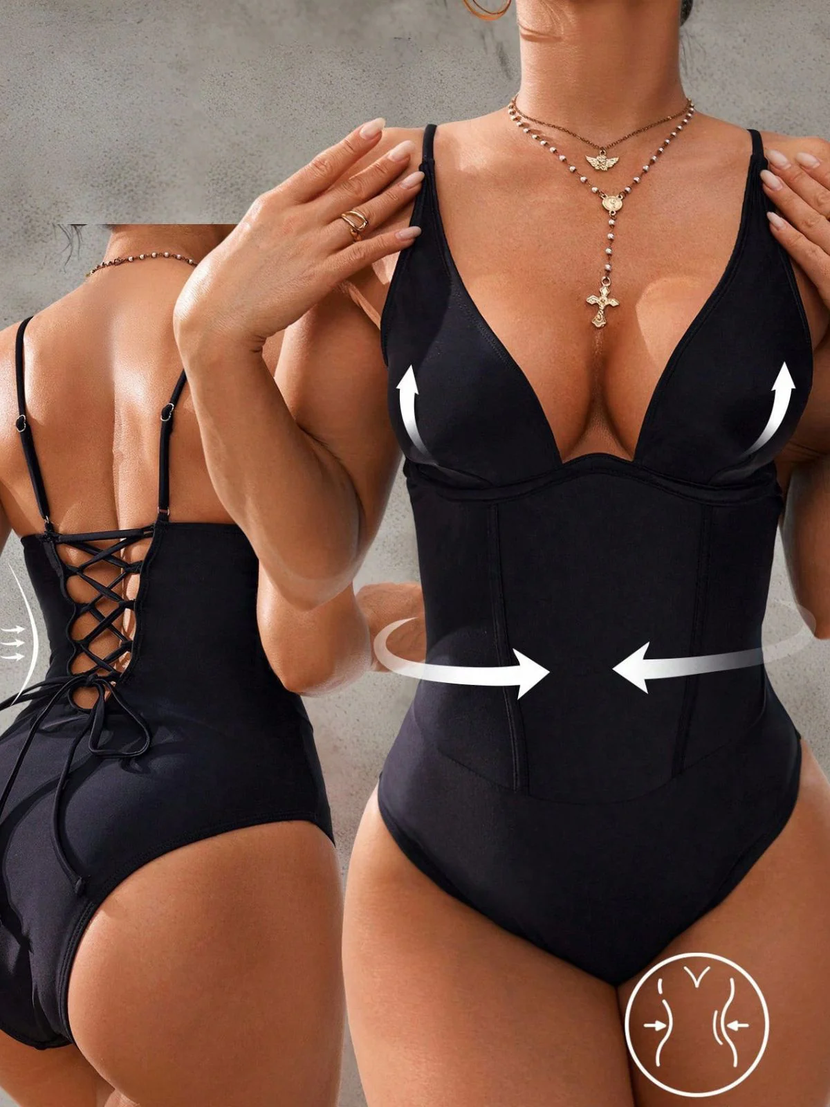 Black 1950s Solid Deep V Tummy Control One-Piece Swimsuit - Image 3
