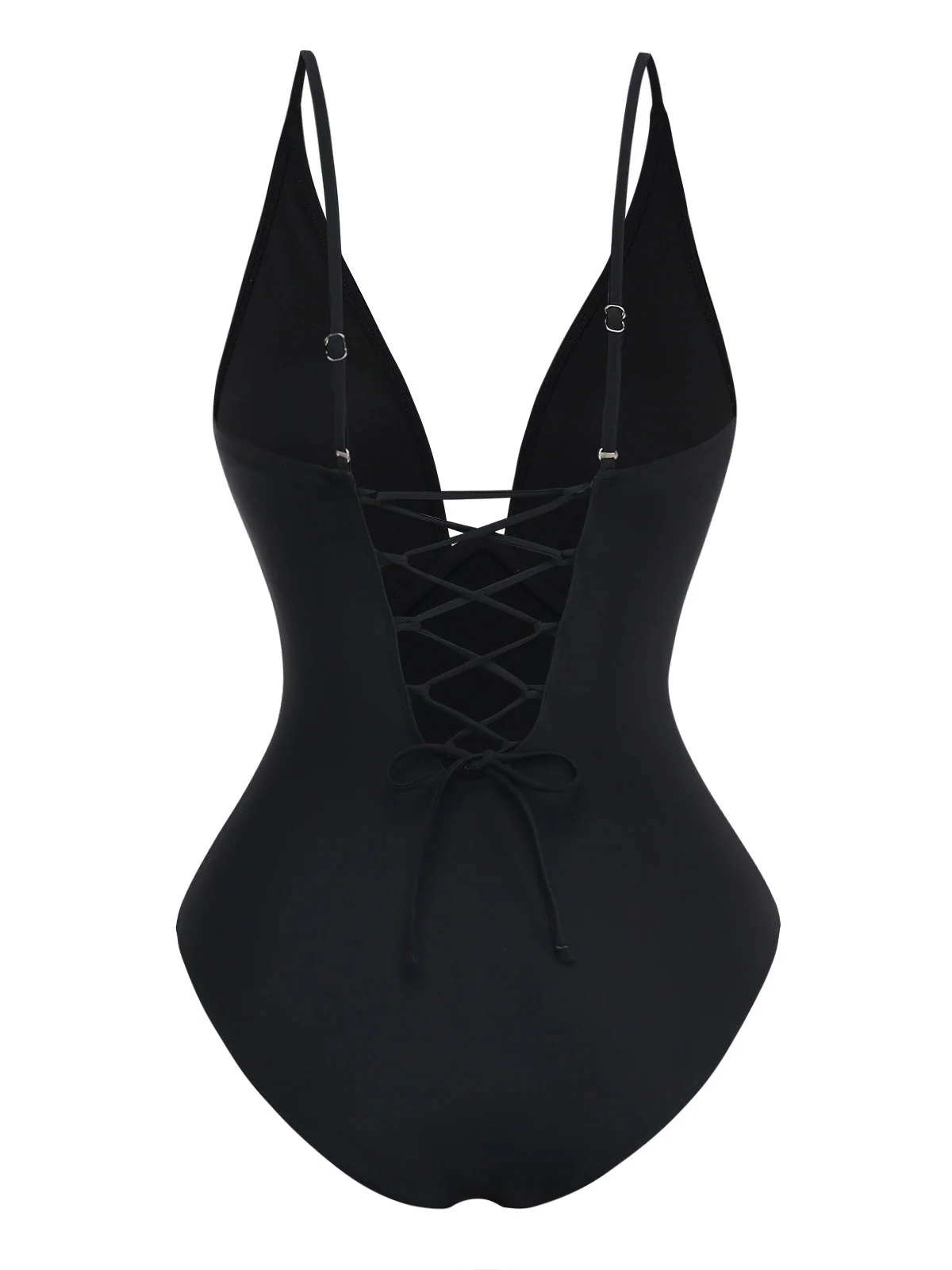 Black 1950s Solid Deep V Tummy Control One-Piece Swimsuit - Image 5