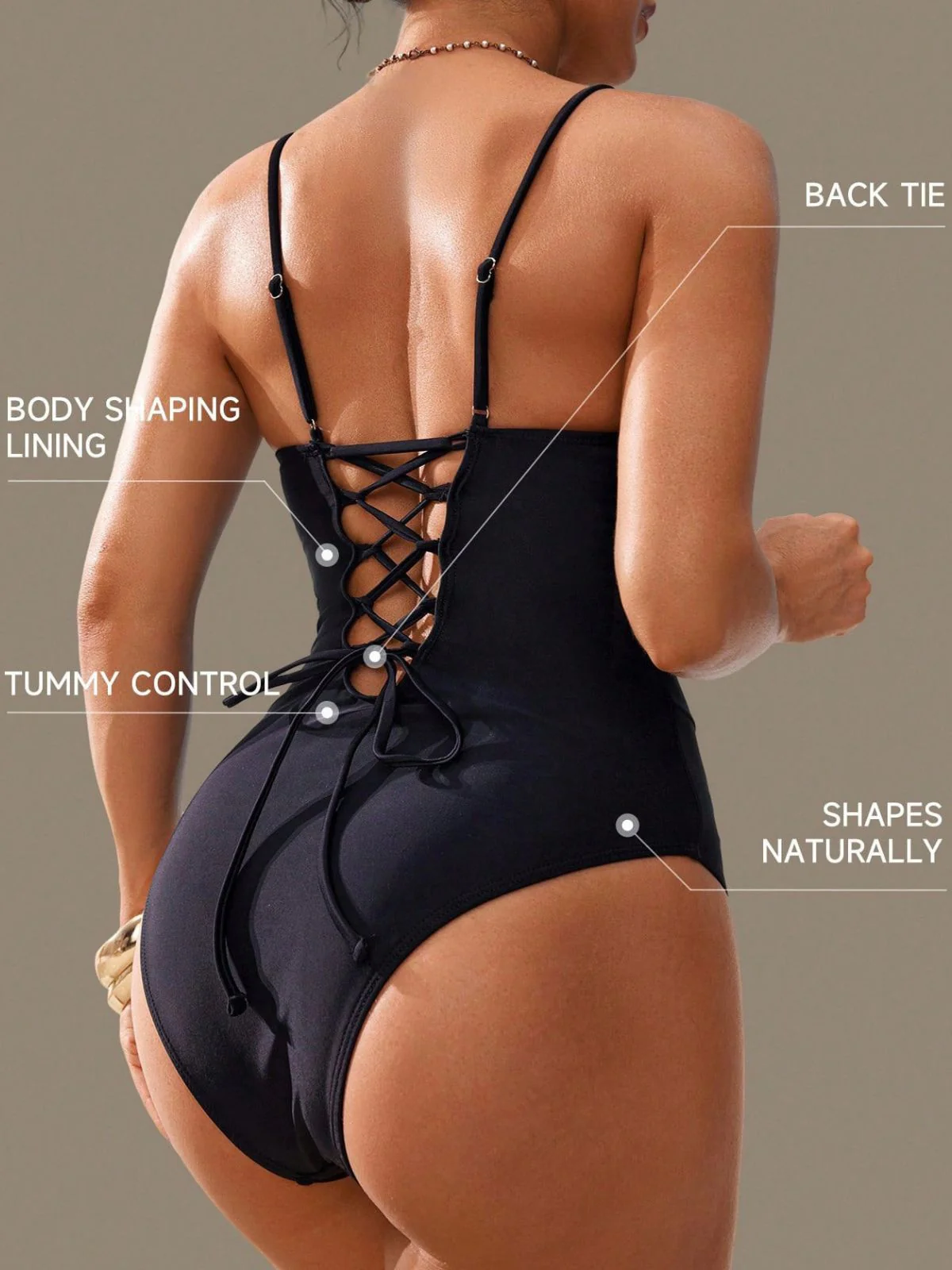 Black 1950s Solid Deep V Tummy Control One-Piece Swimsuit - Image 6