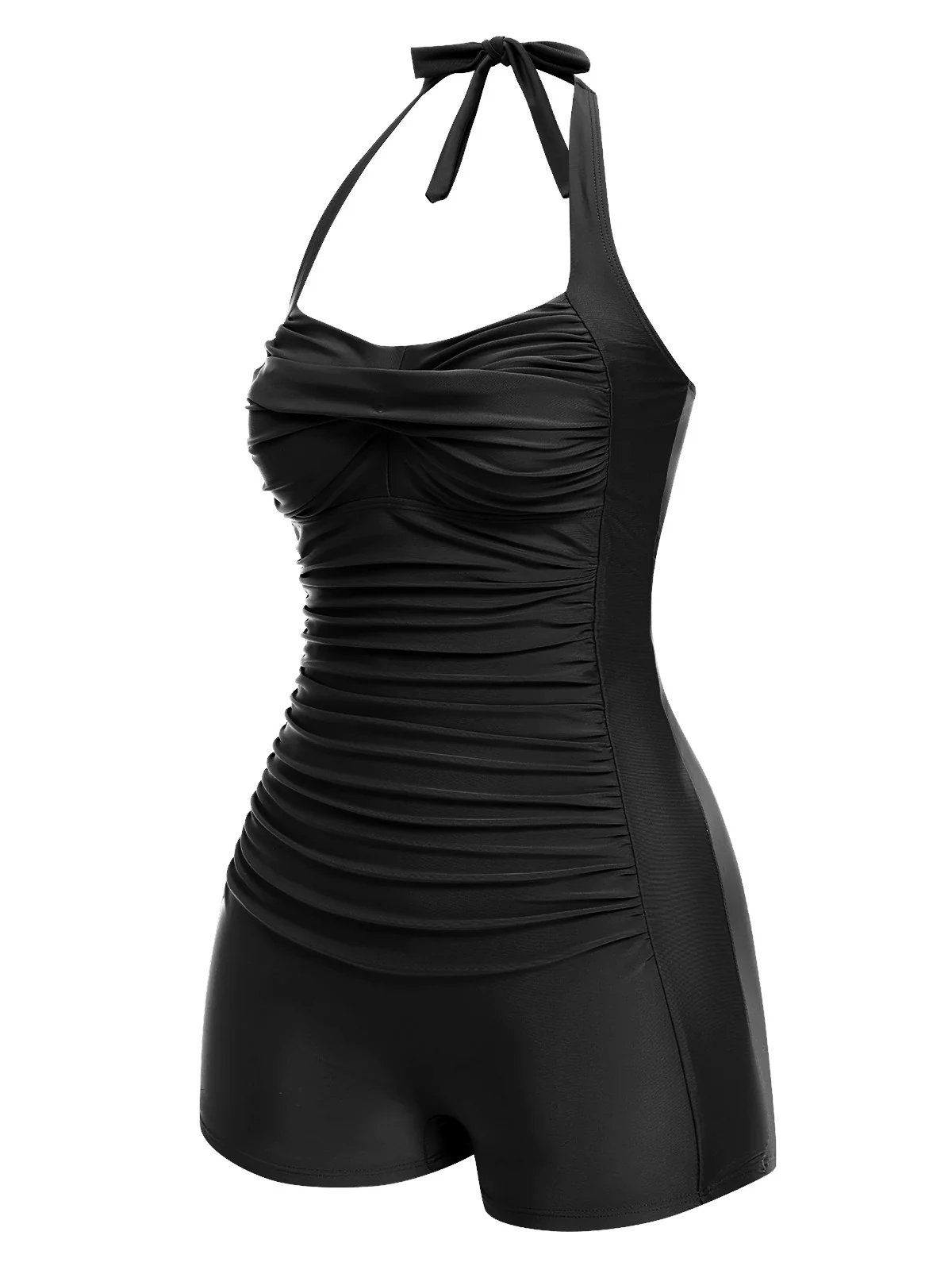 [Pre-Sale] Black 1950s Solid Halter Boxer One-Piece Swimsuit - Image 2