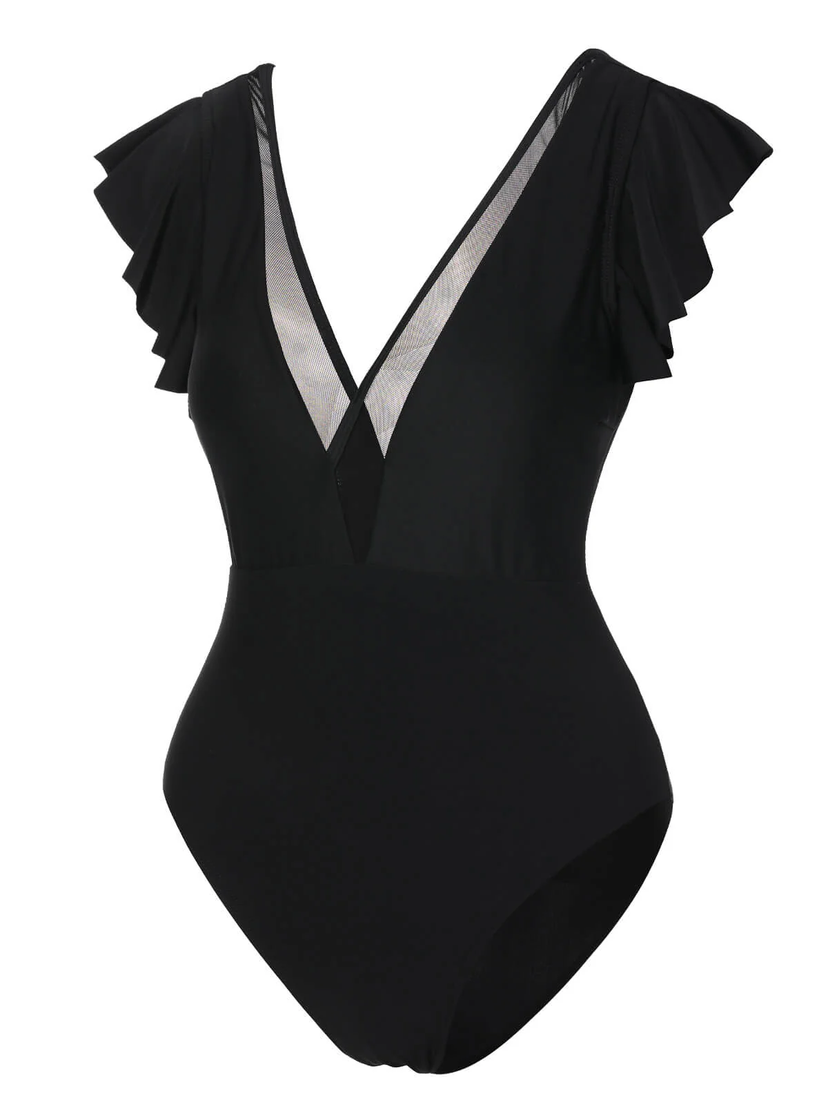 Black 1950s Solid Ruffle Sleeve One-Piece Swimsuit - Image 2