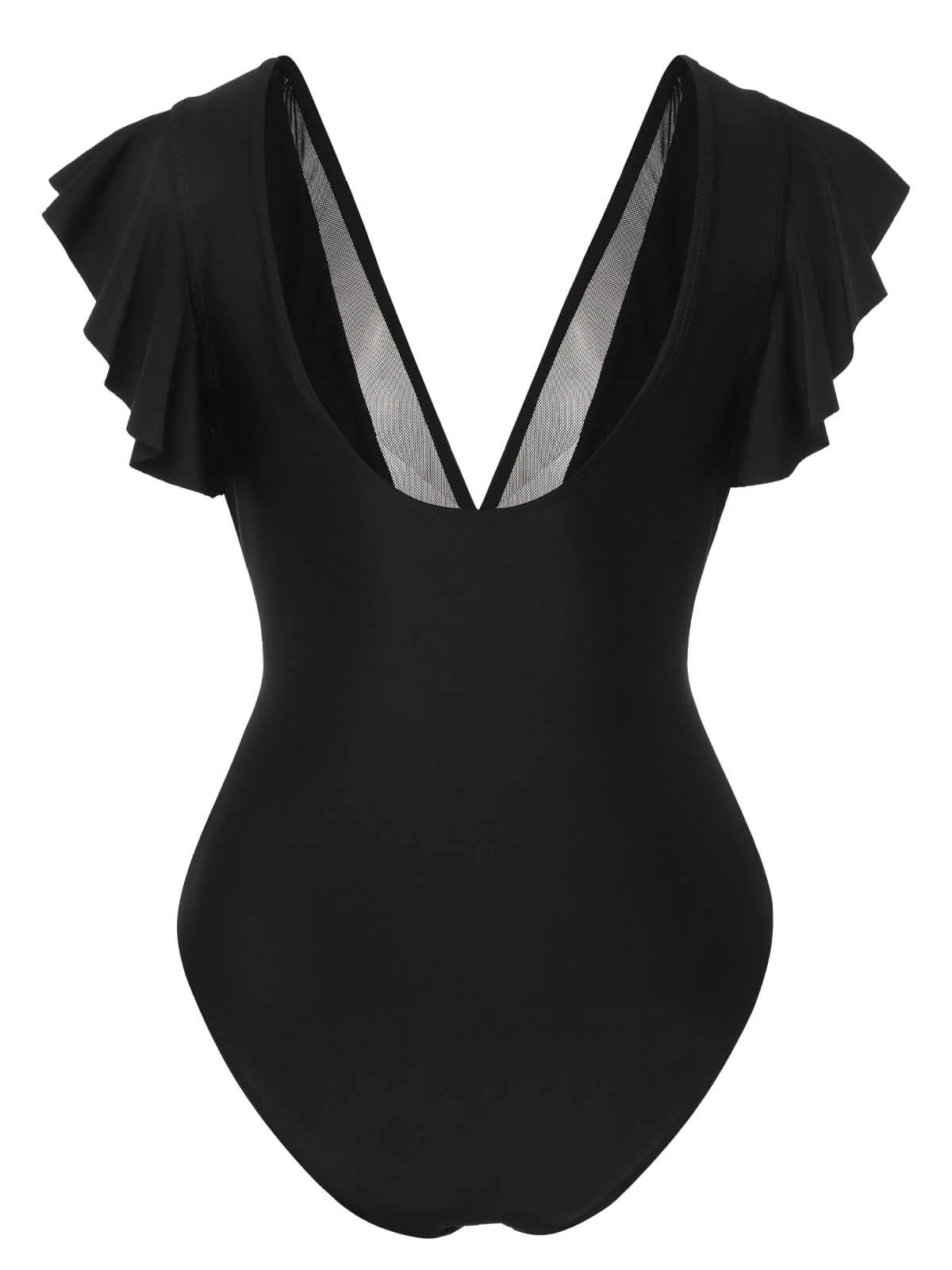 Black 1950s Solid Ruffle Sleeve One-Piece Swimsuit - Image 3