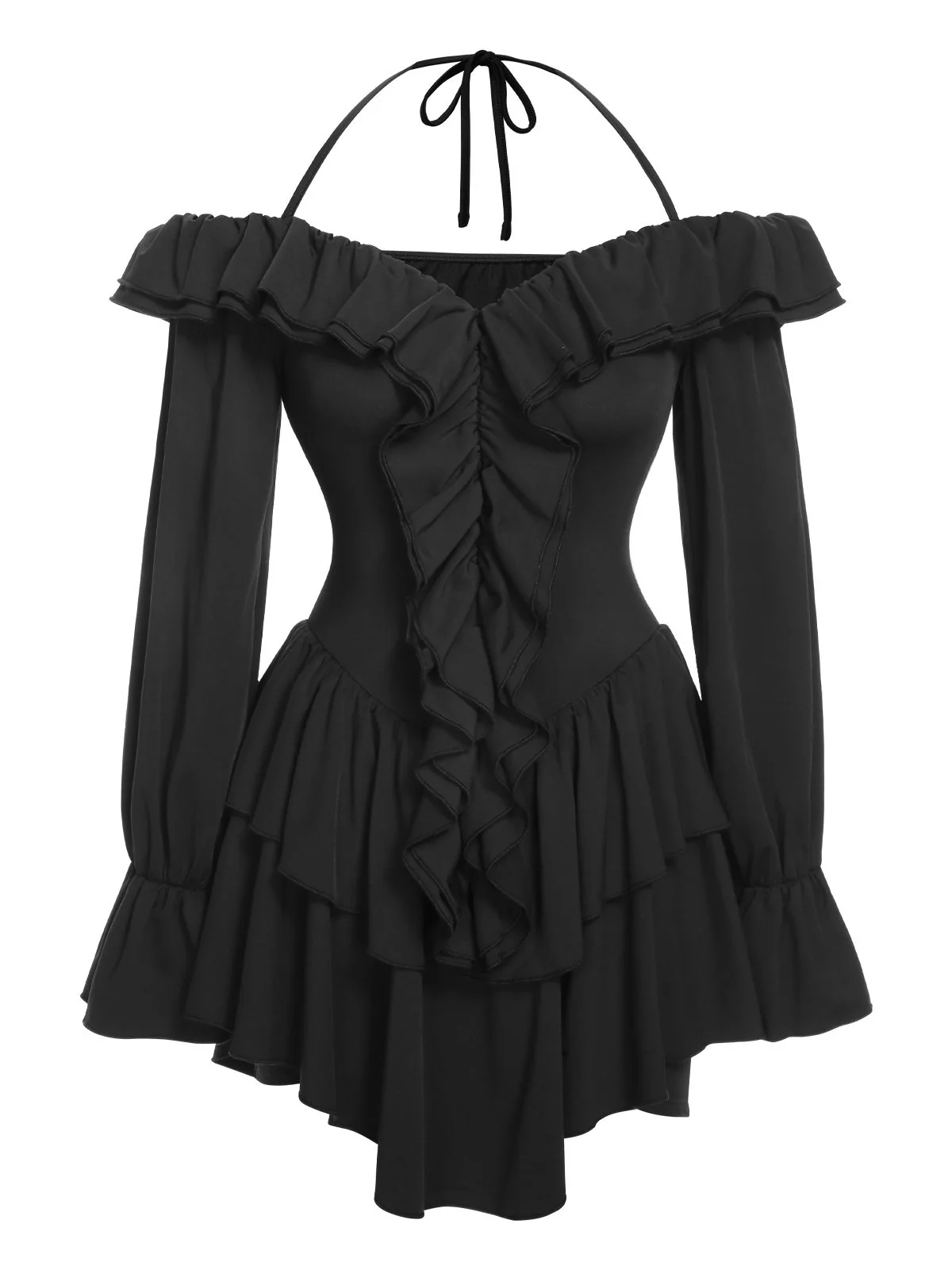 Black 1950s Solid Ruffle Off-Shoulder Romper - Image 2