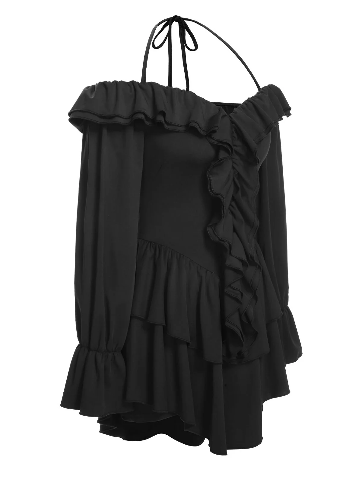 Black 1950s Solid Ruffle Off-Shoulder Romper - Image 3