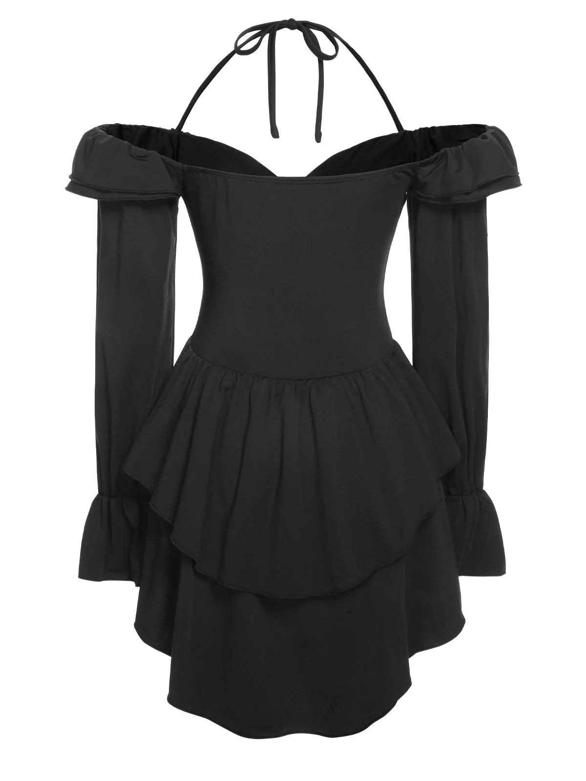 Black 1950s Solid Ruffle Off-Shoulder Romper - Image 4