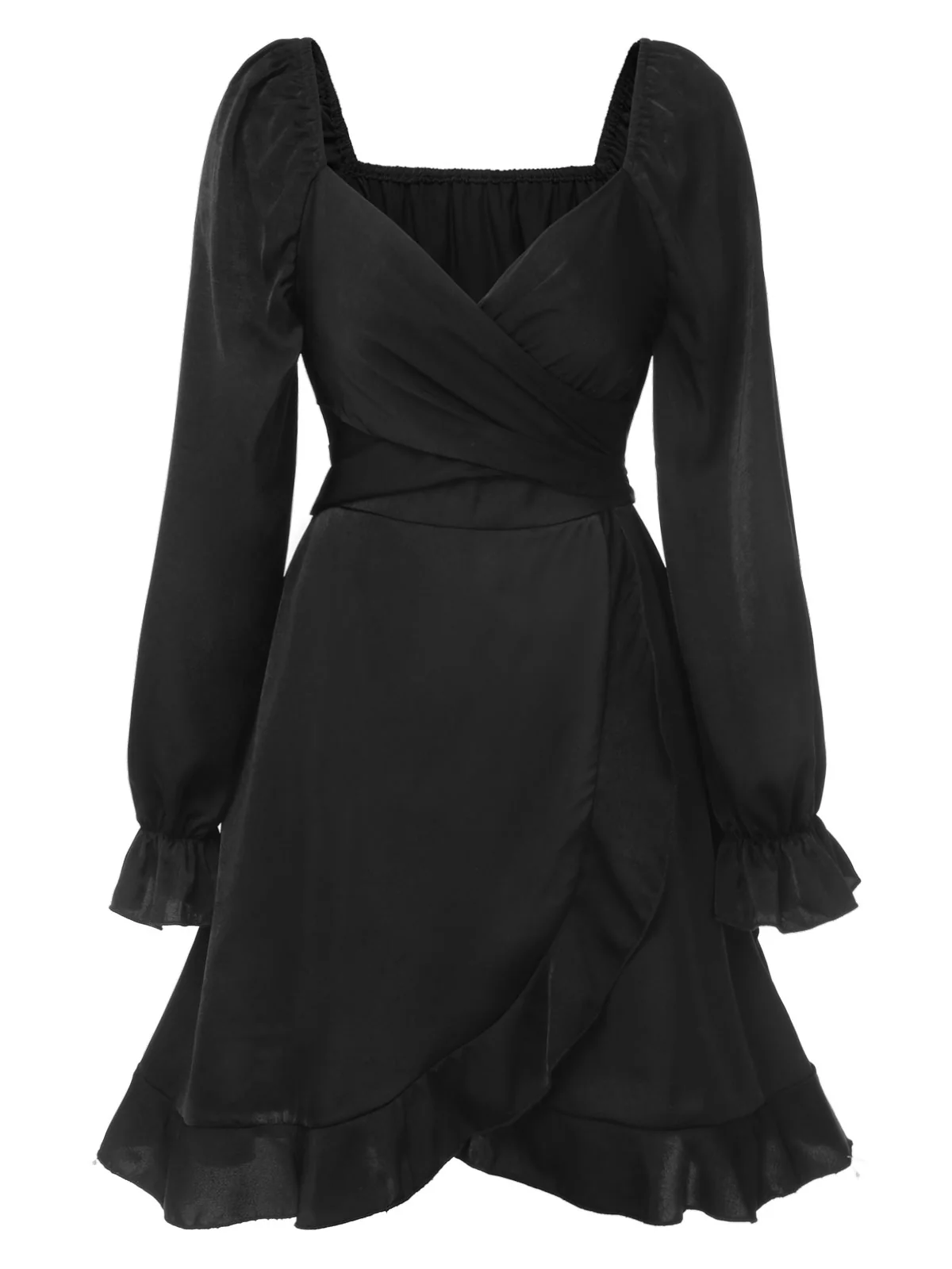 Black 1950s Solid Ruffles V-Neck Dress - Image 2