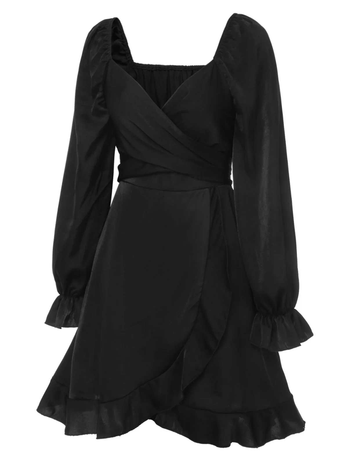 Black 1950s Solid Ruffles V-Neck Dress - Image 3