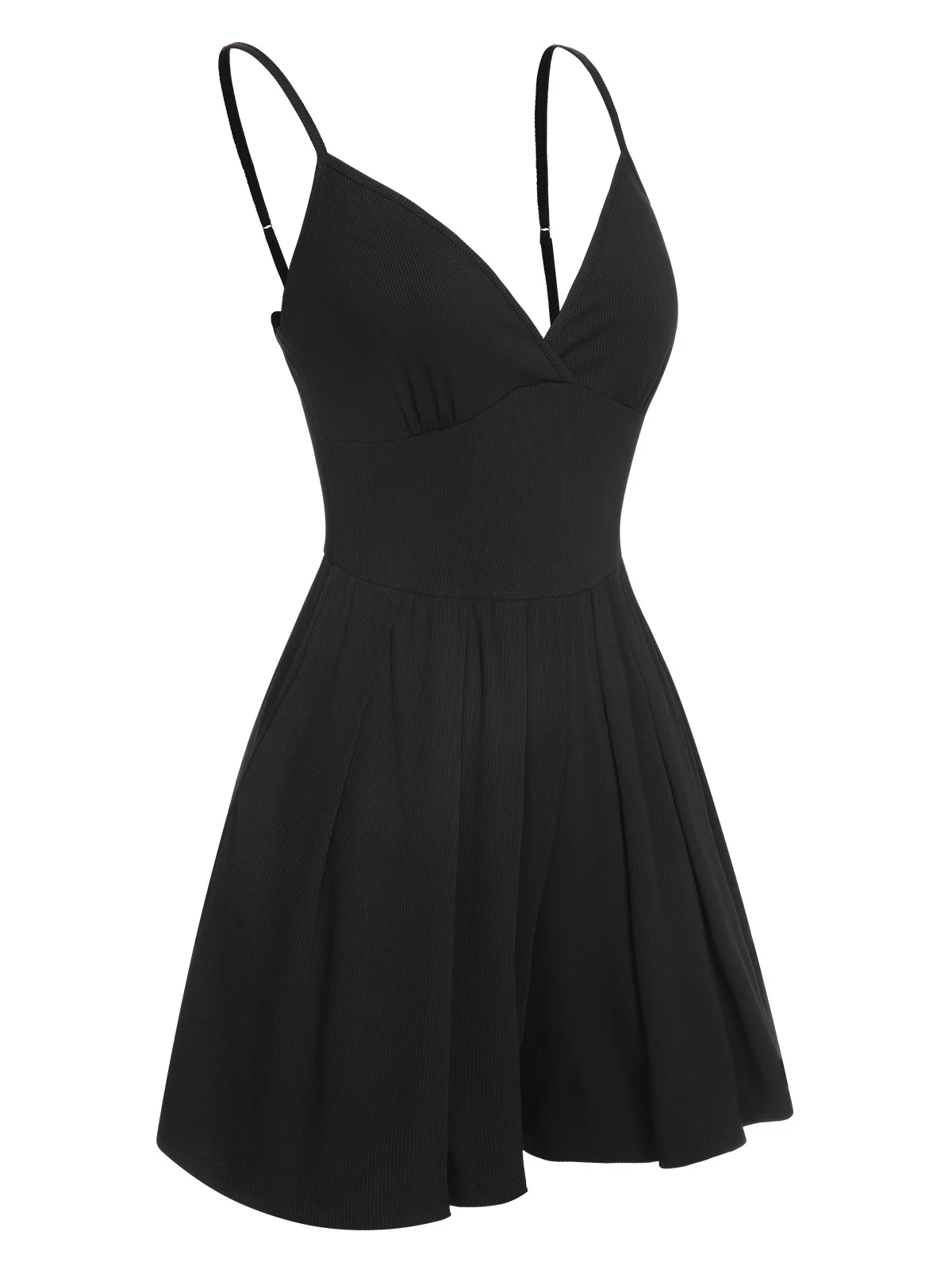 Black 1950s Solid V-Neck Spaghetti Straps Romper - Image 2