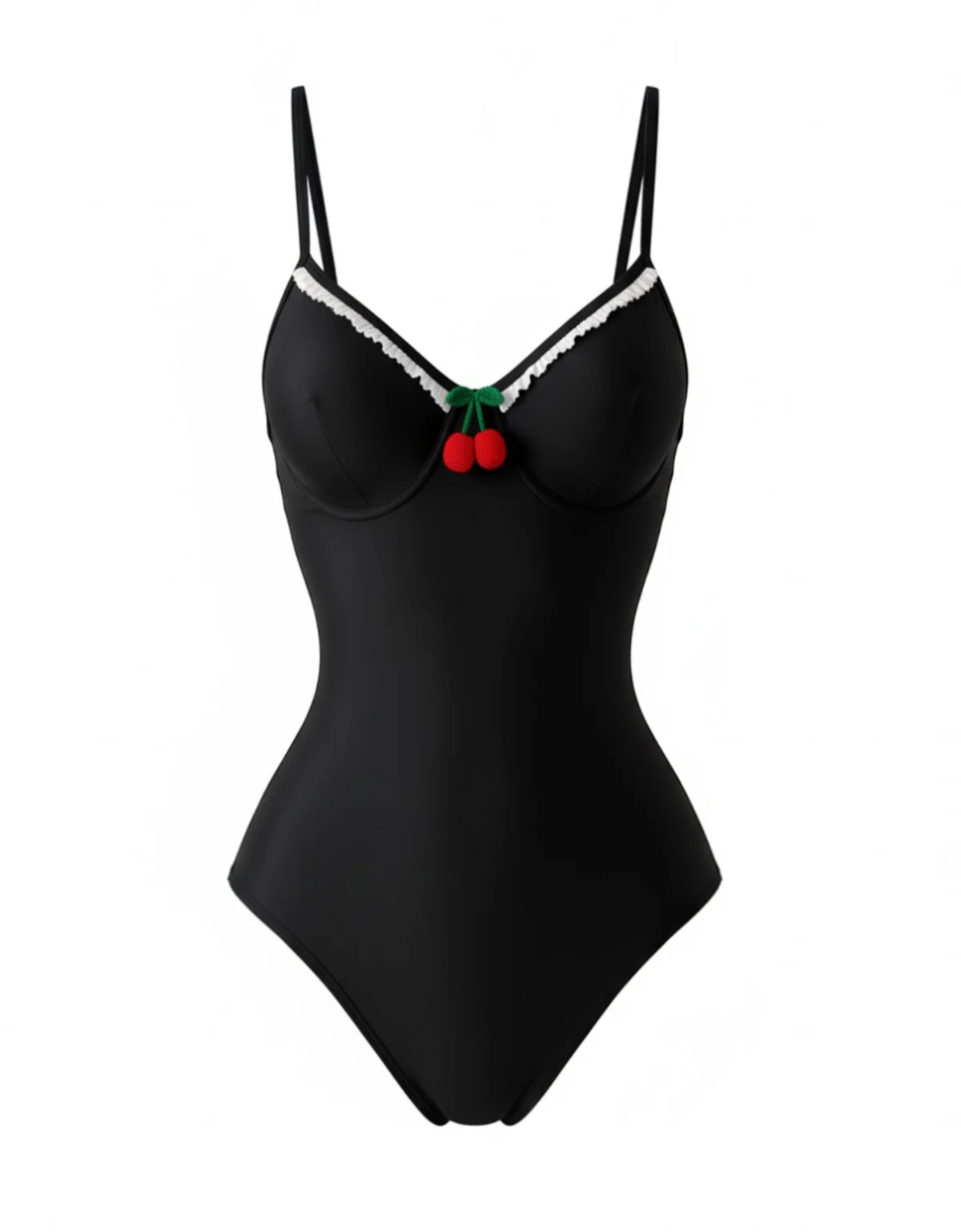 Black 1950s Spaghetti Strap 3D Cherry One-Piece Swimsuit - Image 2