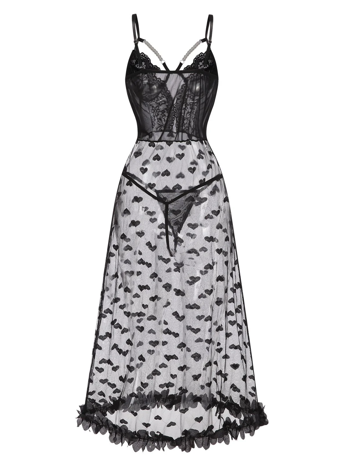 Black 1950s Spaghetti Strap Heart Lace Nightgown - Image 3