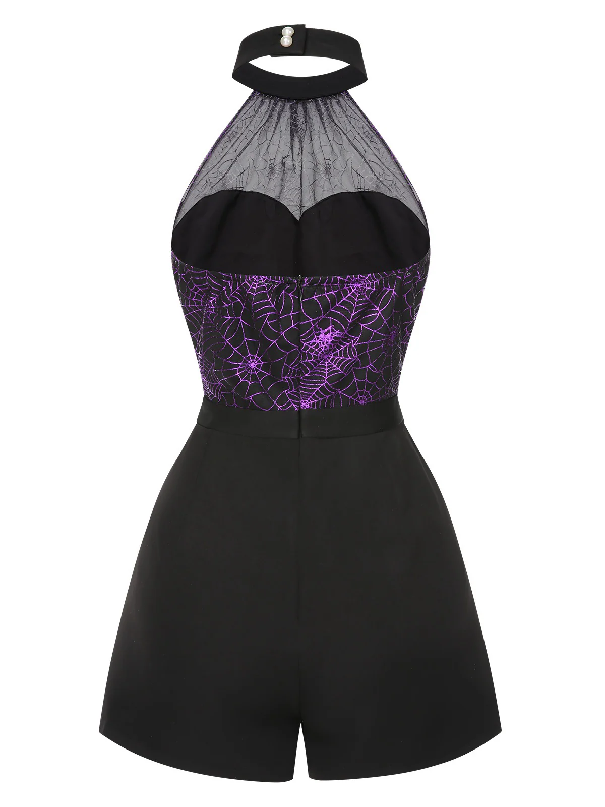 Black 1950s Spiderweb Laser Mesh Halter Romper - Image 3