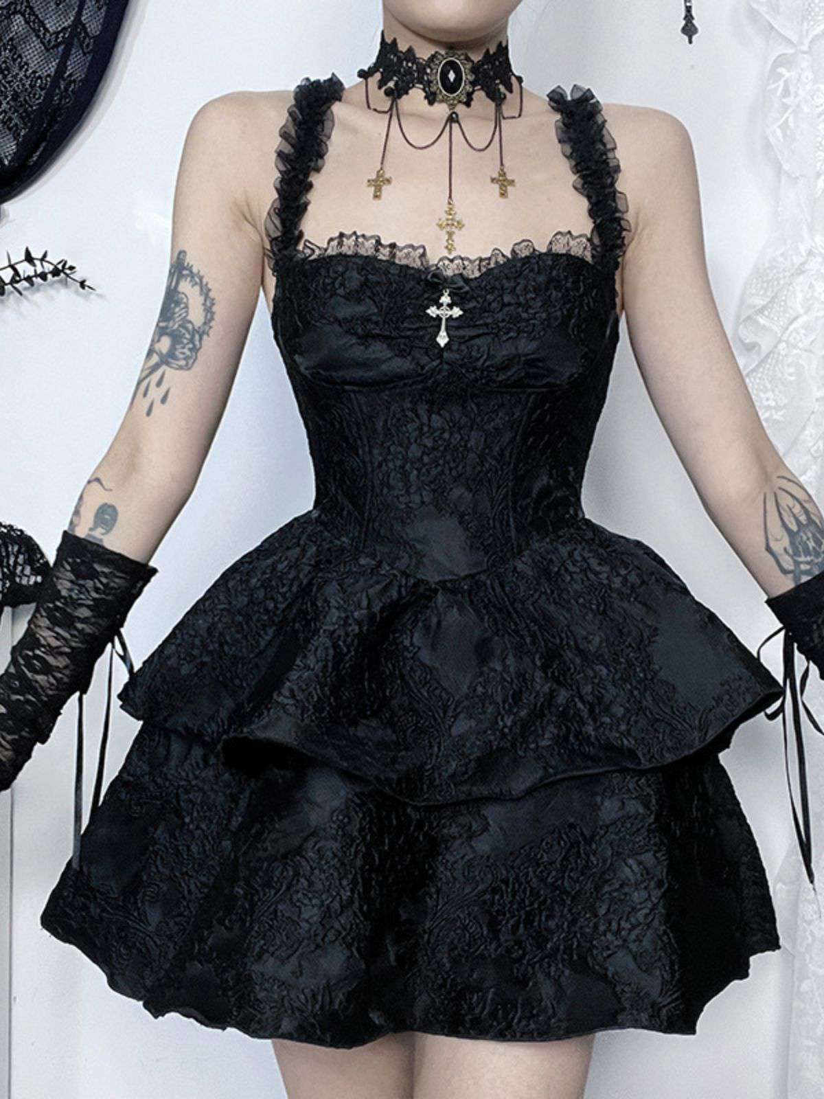 Black 1950s Square Neck Lace Print Cross Bubble Dress - Image 3