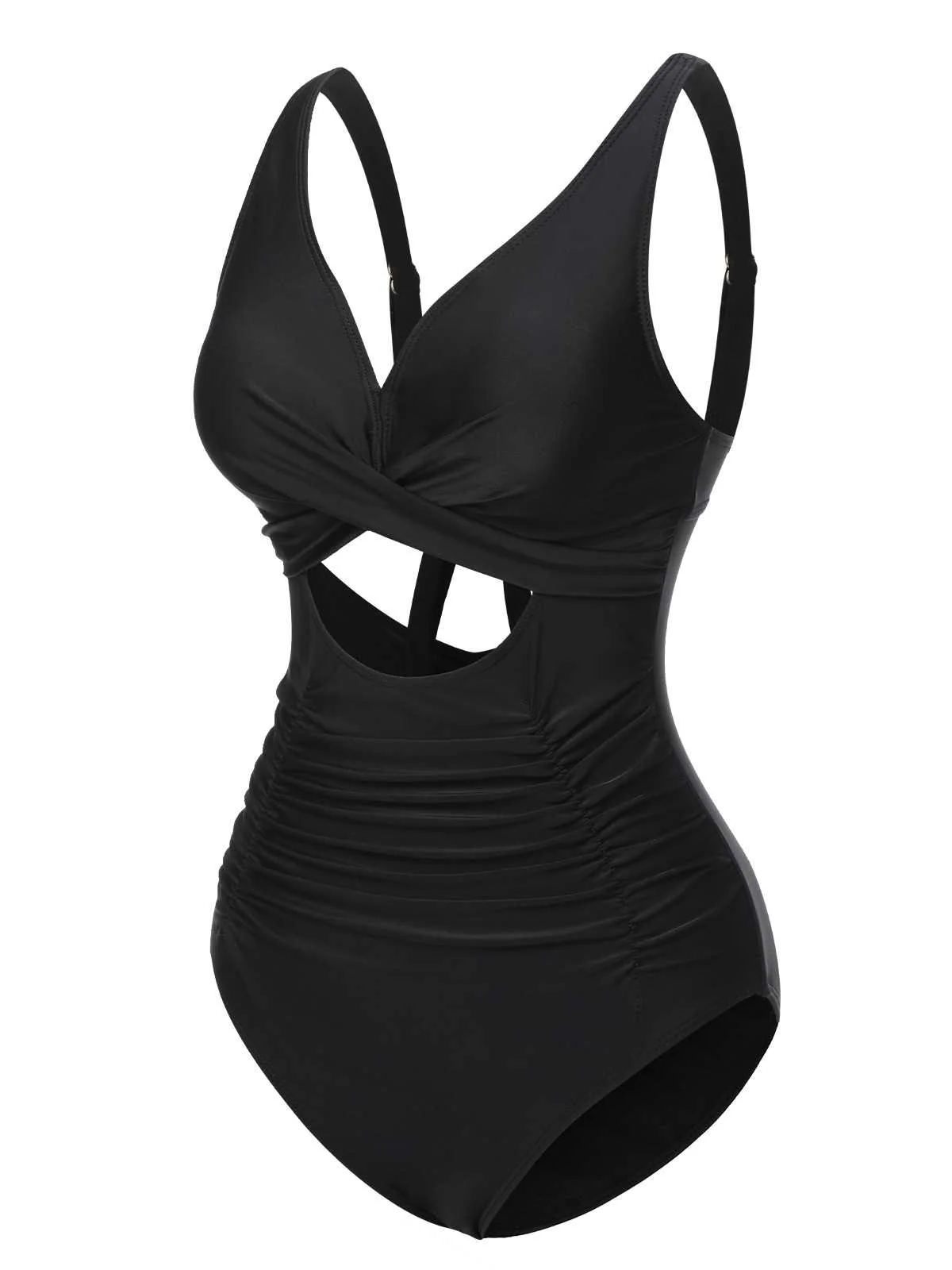 Black 1950s Strap Hollow One-Piece Swimsuit - Image 2