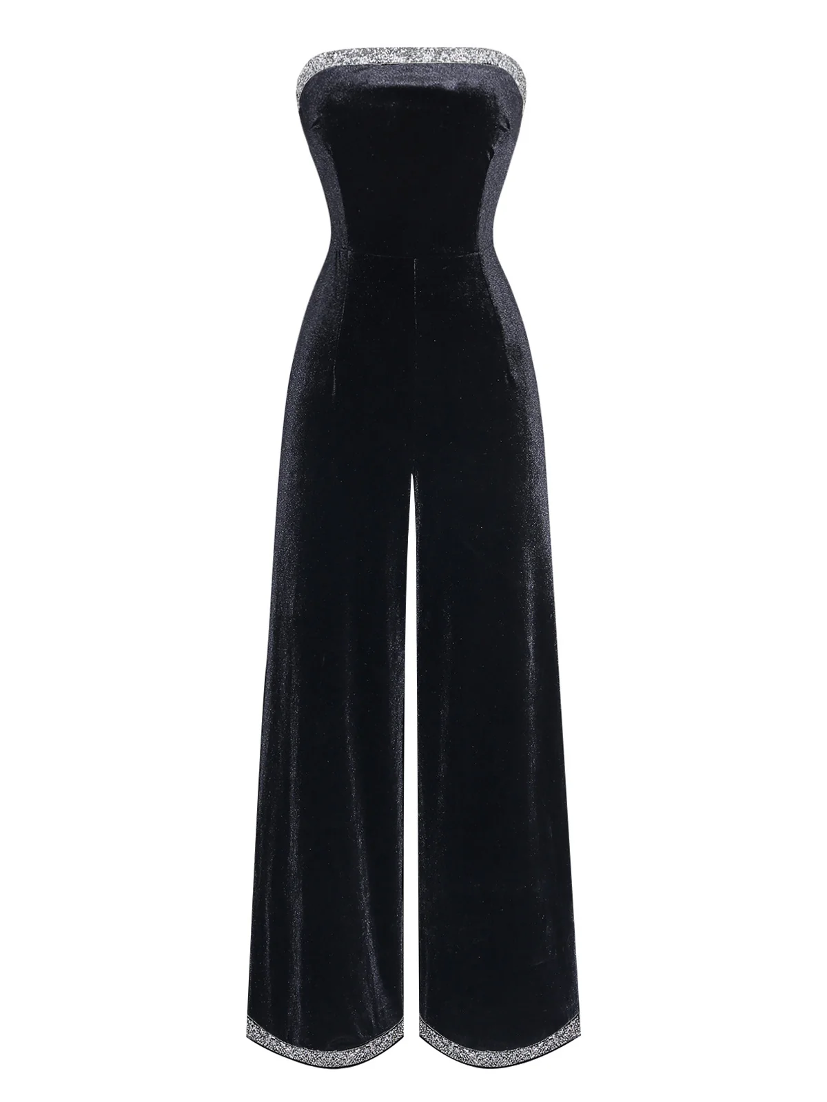 Black 1950s Strapless Velvet Rhinestone Patchwork Jumpsuit - Image 2