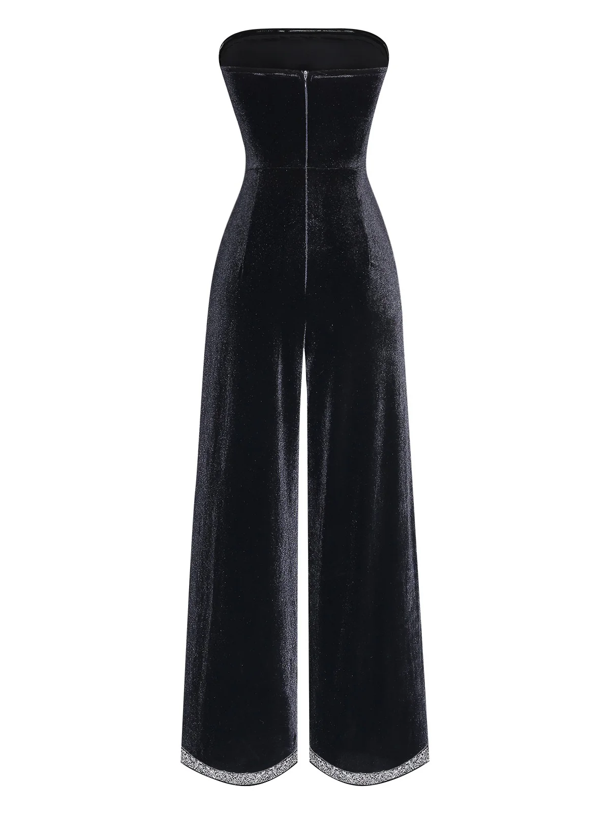 Black 1950s Strapless Velvet Rhinestone Patchwork Jumpsuit - Image 3