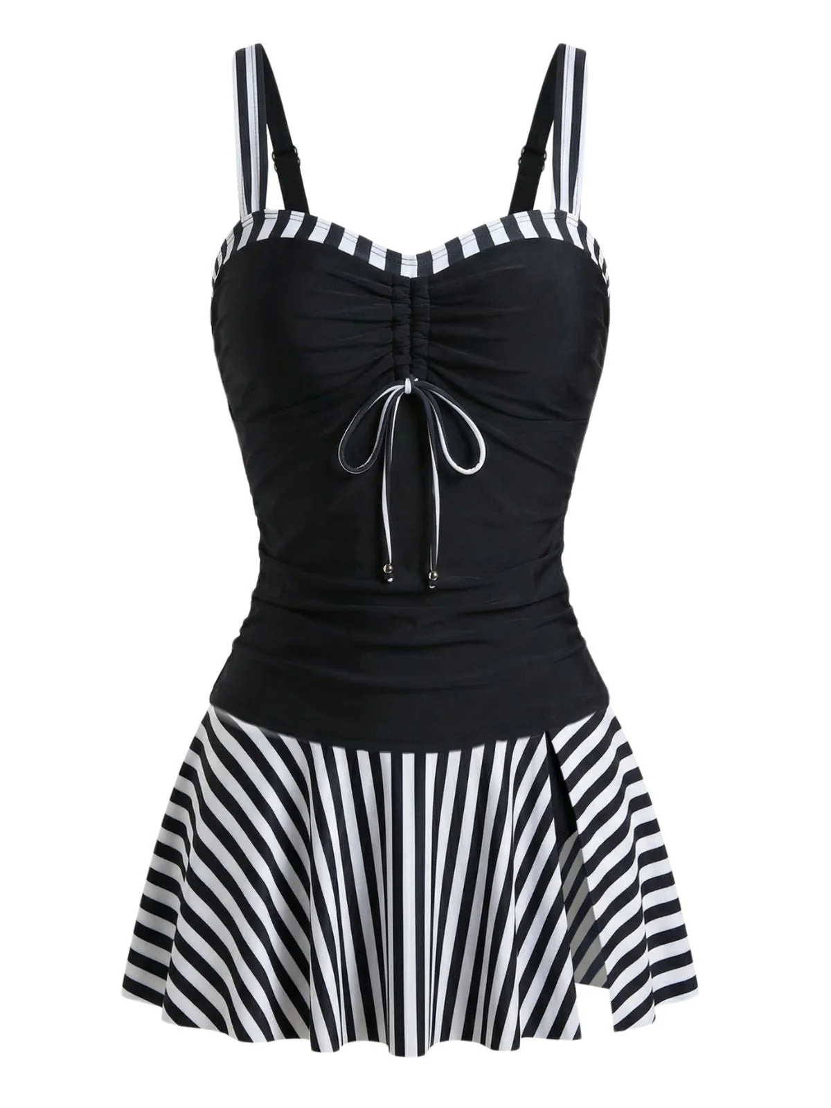 Black 1950s Striped Colorblock Ruched Tankini Set - Image 3